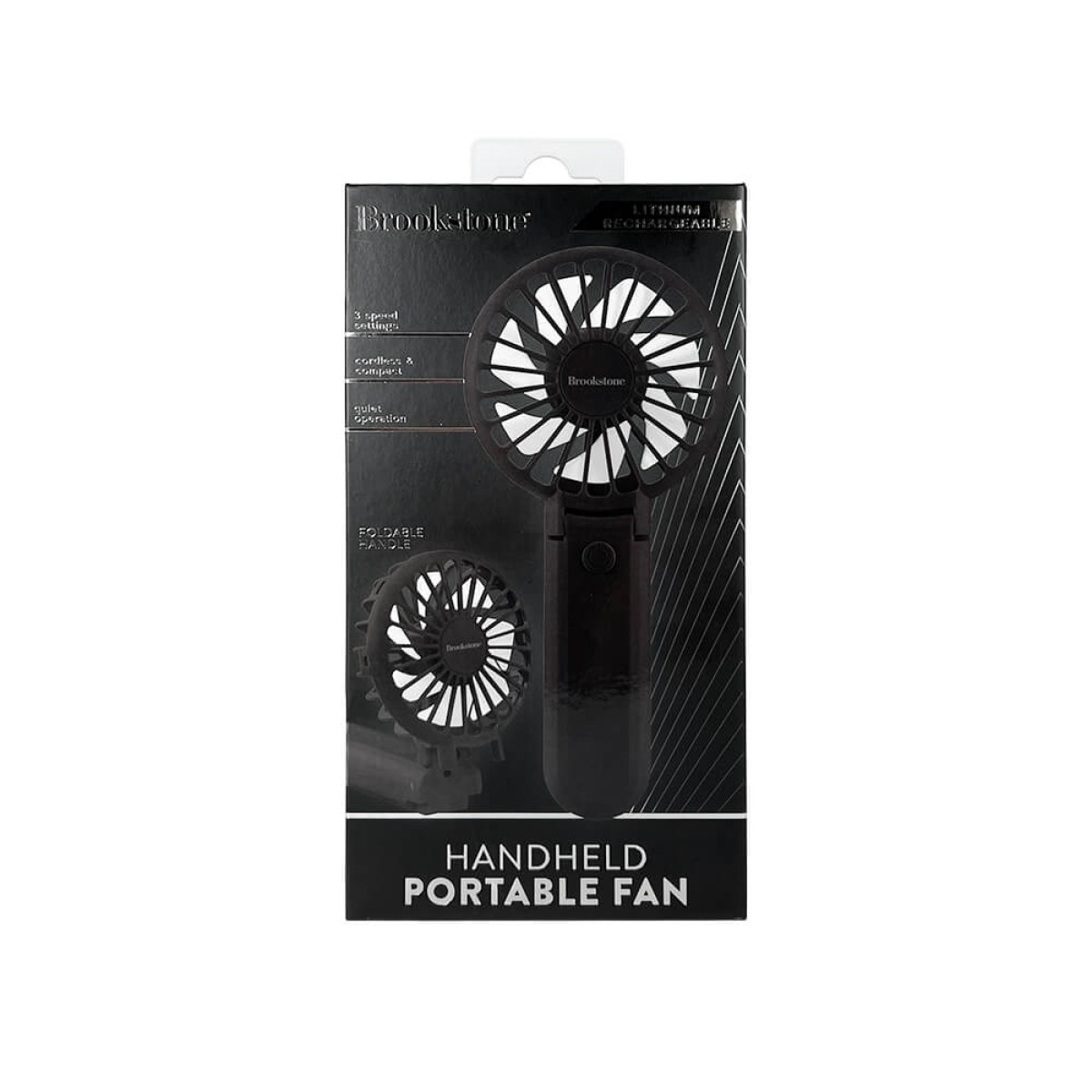Black Brookstone® Handheld Portable Fan, compact rechargeable plastic personal fan with a round multi-blade fan head, ergonomic handle, and portable design for cooling at home, the office, travel, and outdoor activities.