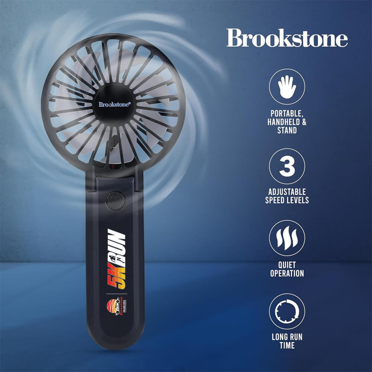 Black Brookstone® Handheld Portable Fan, compact rechargeable plastic personal fan with a round multi-blade fan head, ergonomic handle, and portable design for cooling at home, the office, travel, and outdoor activities.