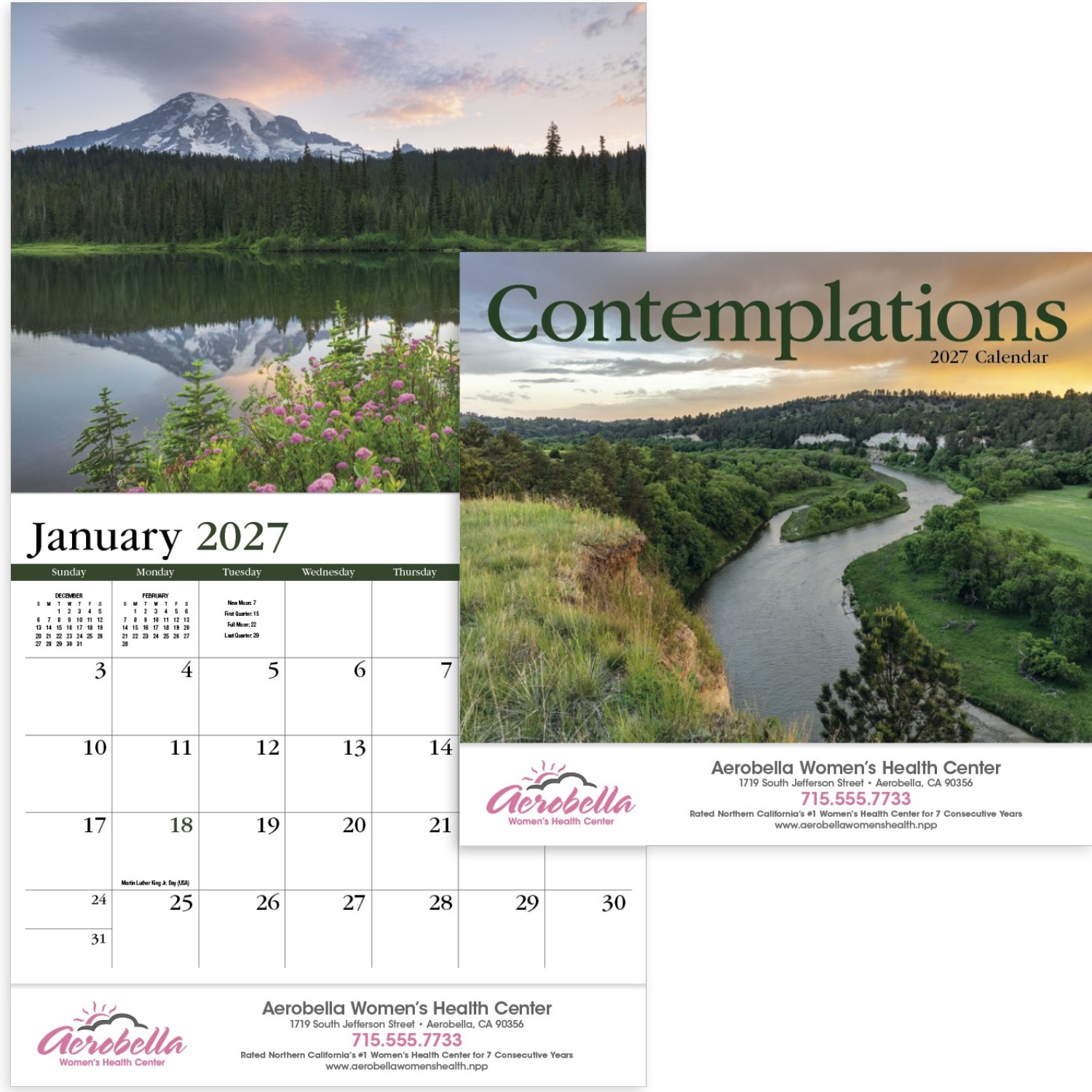 Contemplations Stapled Calendar featuring inspirational nature photography and uplifting quotes, glossy paper pages with a stapled binding, monthly calendar grids, and a wall calendar design for home, office, and scheduling.