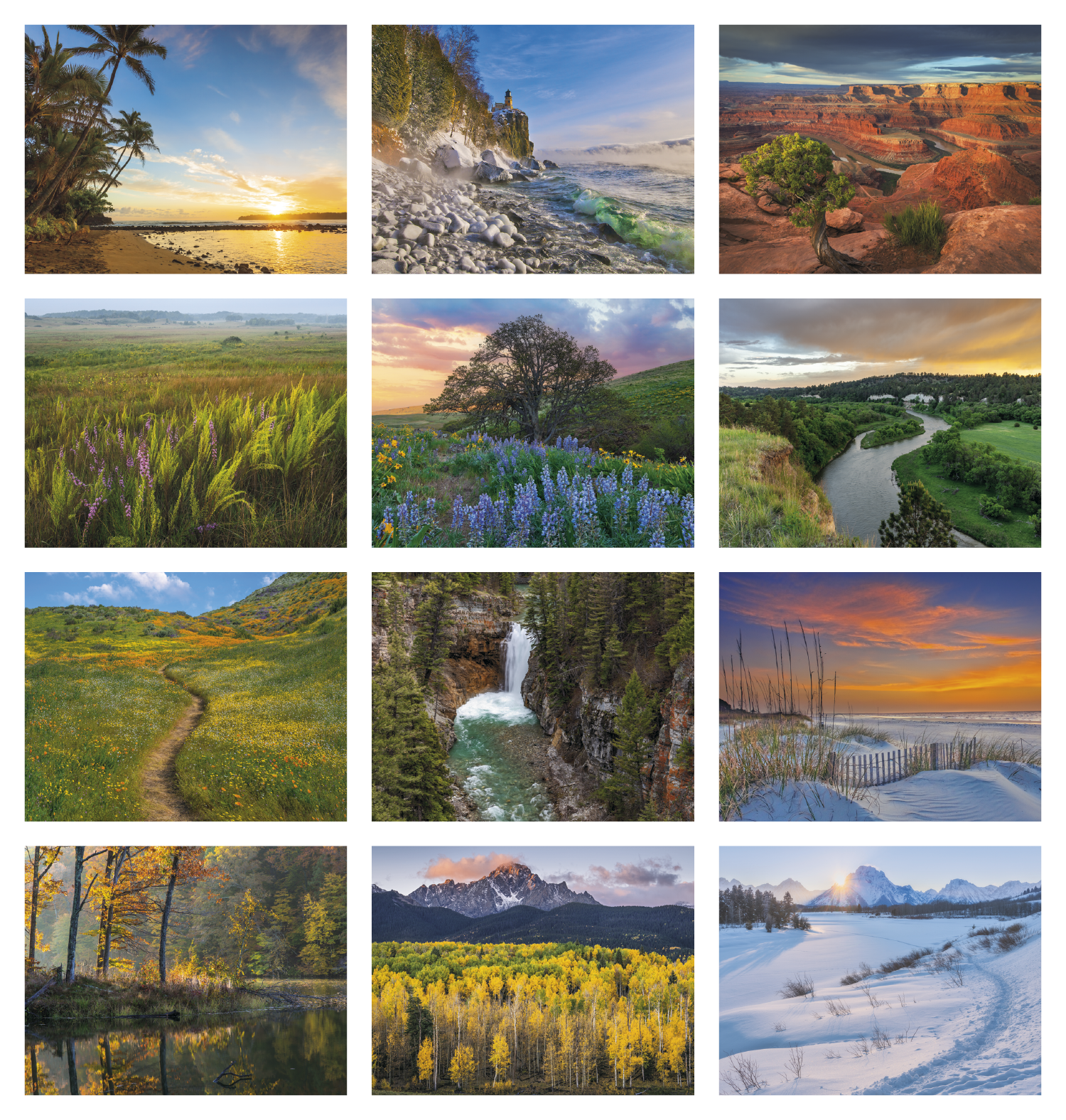 Contemplations Stapled Calendar featuring inspirational nature photography and uplifting quotes, glossy paper pages with a stapled binding, monthly calendar grids, and a wall calendar design for home, office, and scheduling.