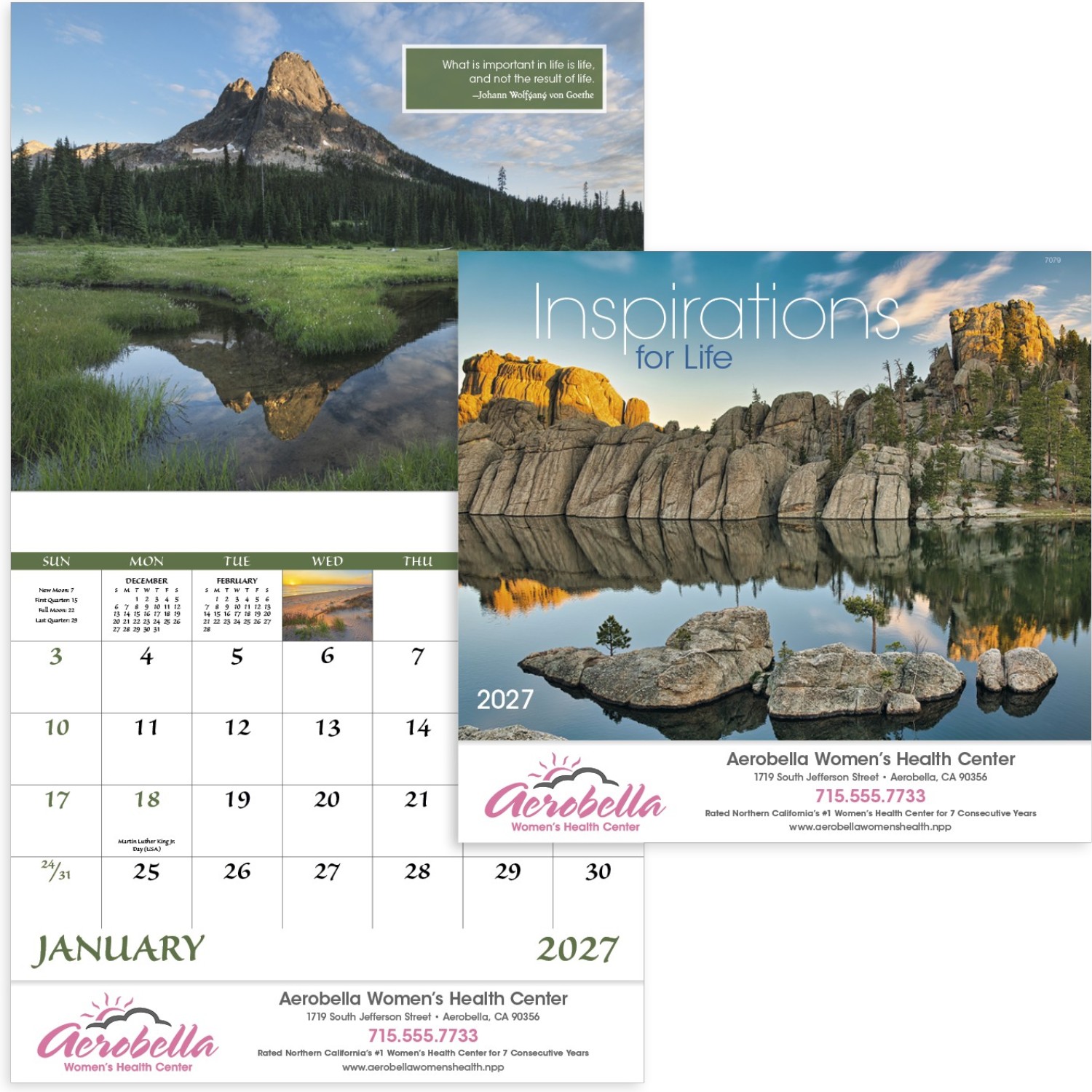 Inspirations for Life Stapled Calendar featuring inspirational nature photography and uplifting quotes, glossy paper pages with a stapled binding, monthly calendar grids, and a wall calendar design for home, office, and scheduling.