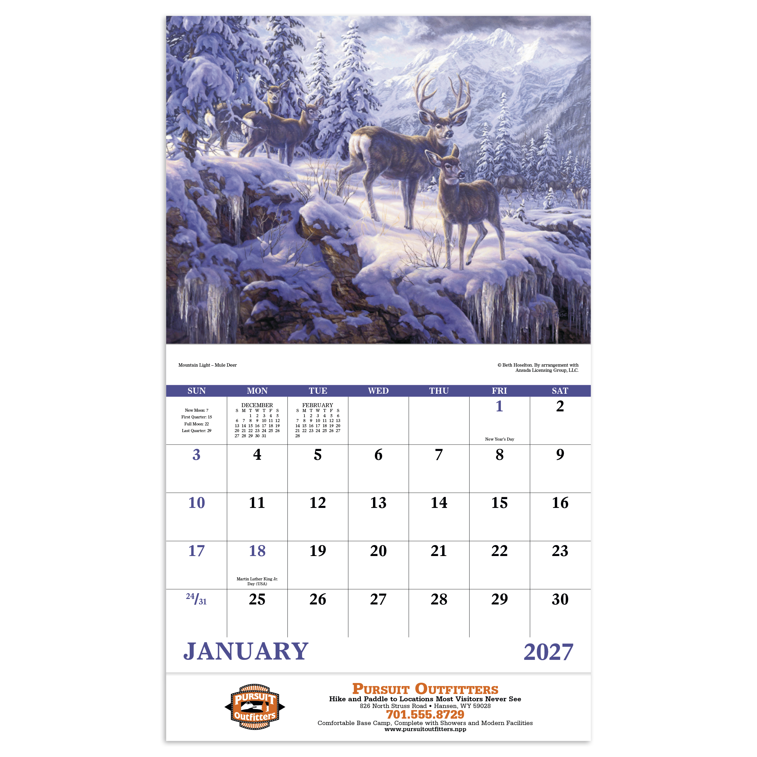 Multicolor wildlife canvas stapled calendar featuring vibrant, detailed paintings of North American wildlife with high-quality imagery and a glossy UV-coated cover.