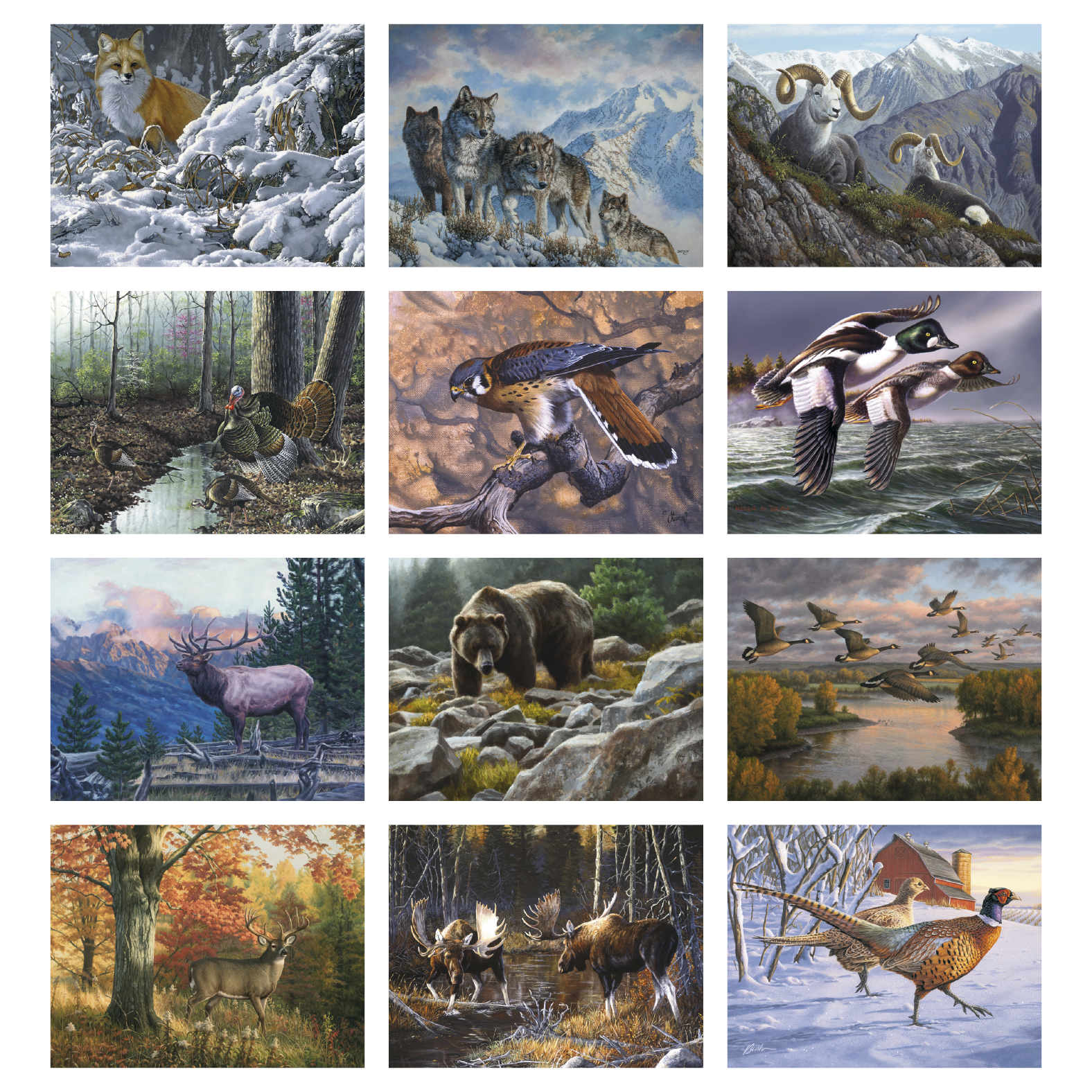 Multicolor wildlife canvas stapled calendar featuring vibrant, detailed paintings of North American wildlife with high-quality imagery and a glossy UV-coated cover.
