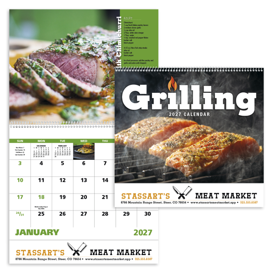 Multicolor grilling spiral calendar featuring monthly grilled recipes with colorful food imagery, including meats, vegetables, desserts, and more, with a glossy UV-coated cover.