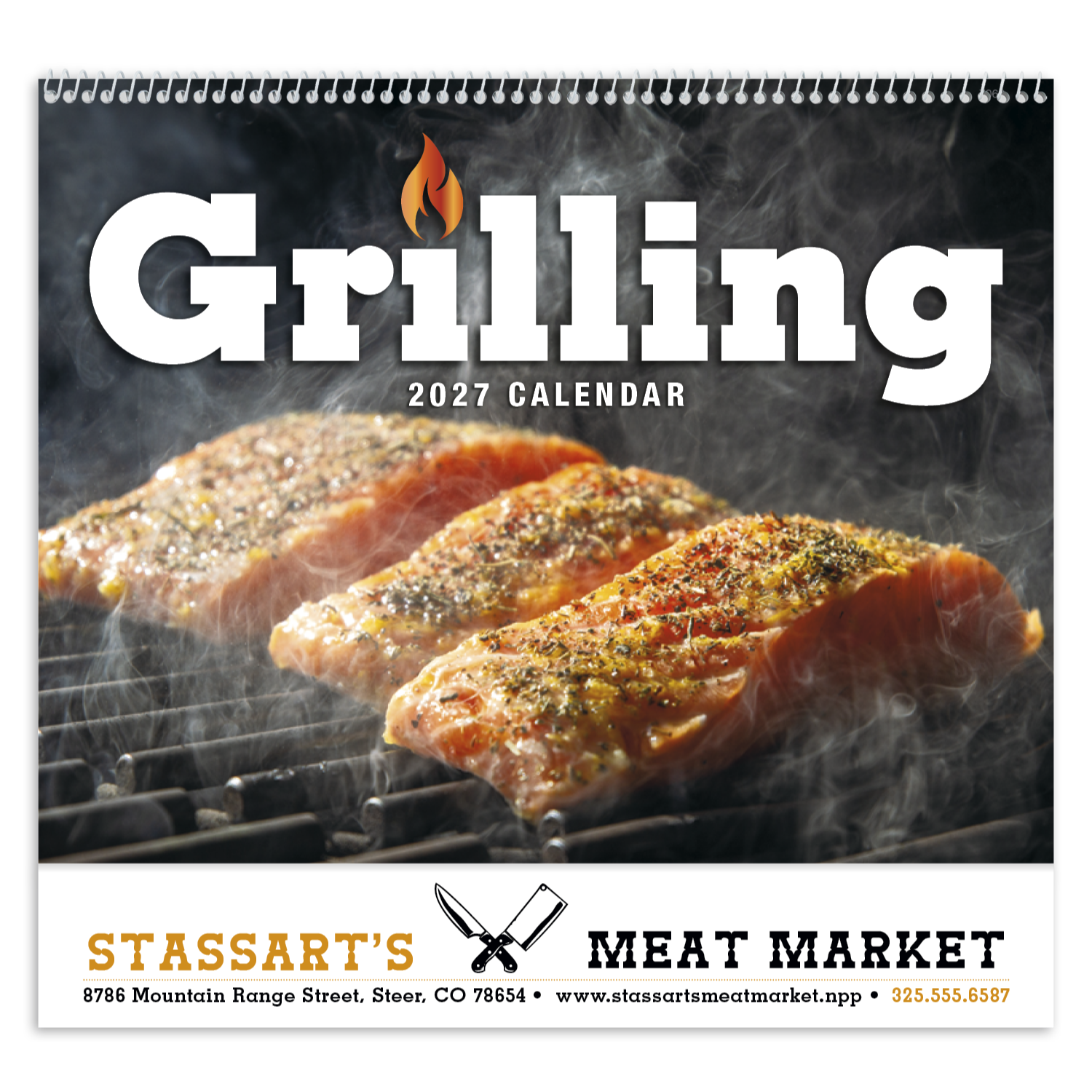 Multicolor grilling spiral calendar featuring monthly grilled recipes with colorful food imagery, including meats, vegetables, desserts, and more, with a glossy UV-coated cover.