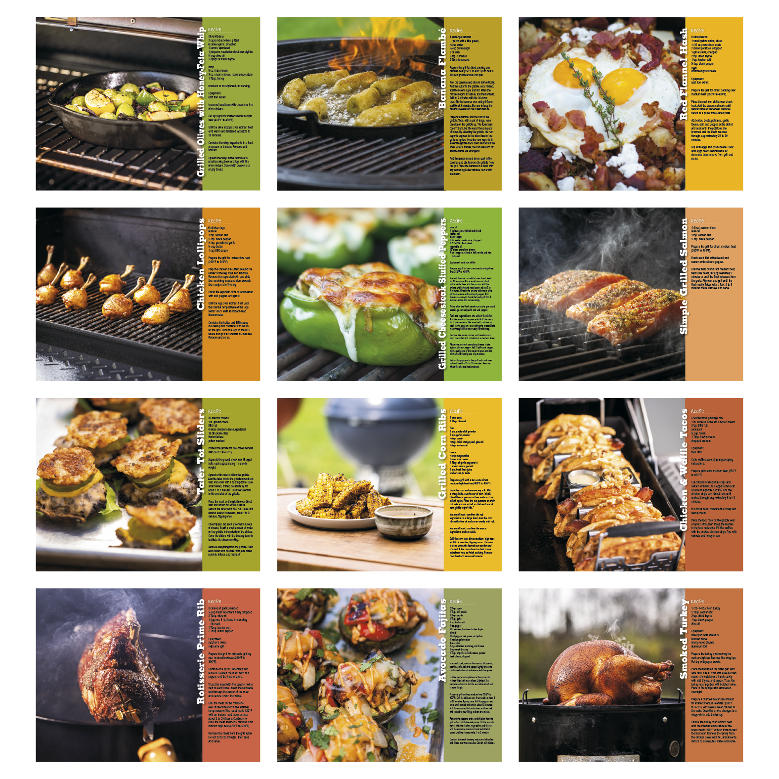 Multicolor grilling spiral calendar featuring monthly grilled recipes with colorful food imagery, including meats, vegetables, desserts, and more, with a glossy UV-coated cover.