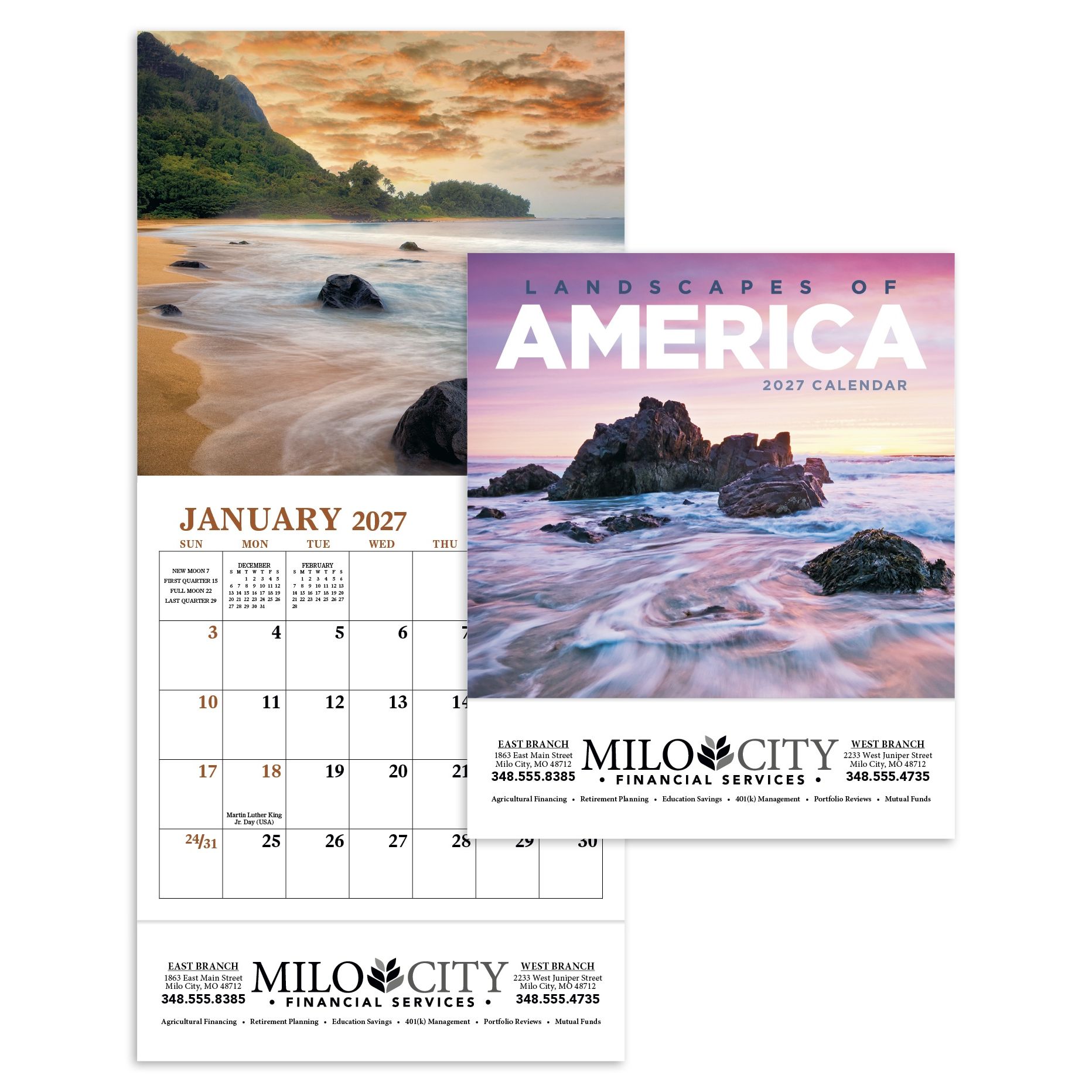 Multicolor mini landscape calendar featuring beautiful scenic images from across America with high-quality imagery, glossy paper stock, and a UV-coated cover.