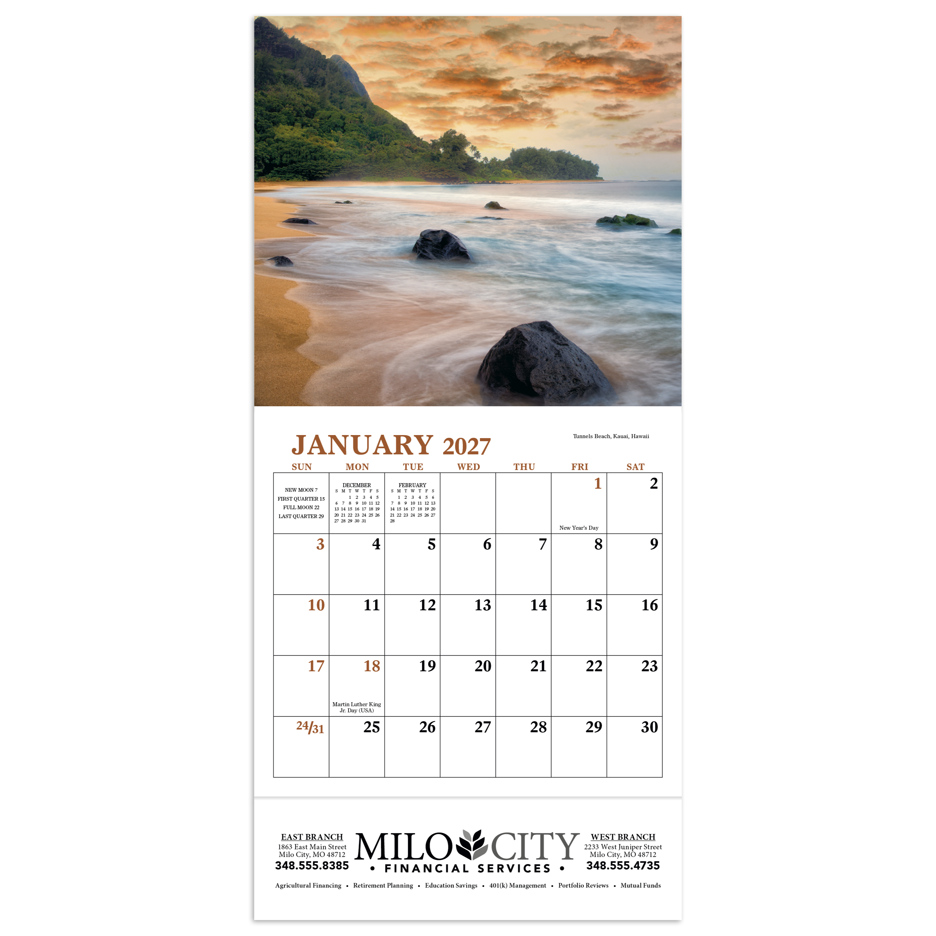 Multicolor mini landscape calendar featuring beautiful scenic images from across America with high-quality imagery, glossy paper stock, and a UV-coated cover.