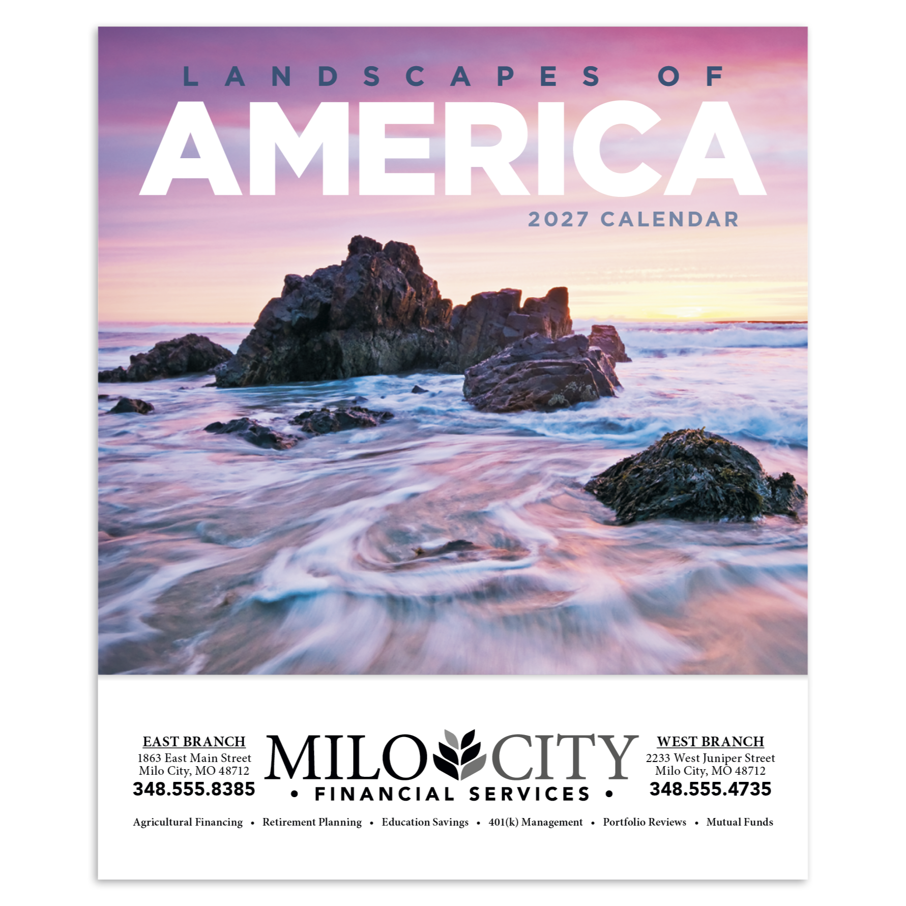 Multicolor mini landscape calendar featuring beautiful scenic images from across America with high-quality imagery, glossy paper stock, and a UV-coated cover.