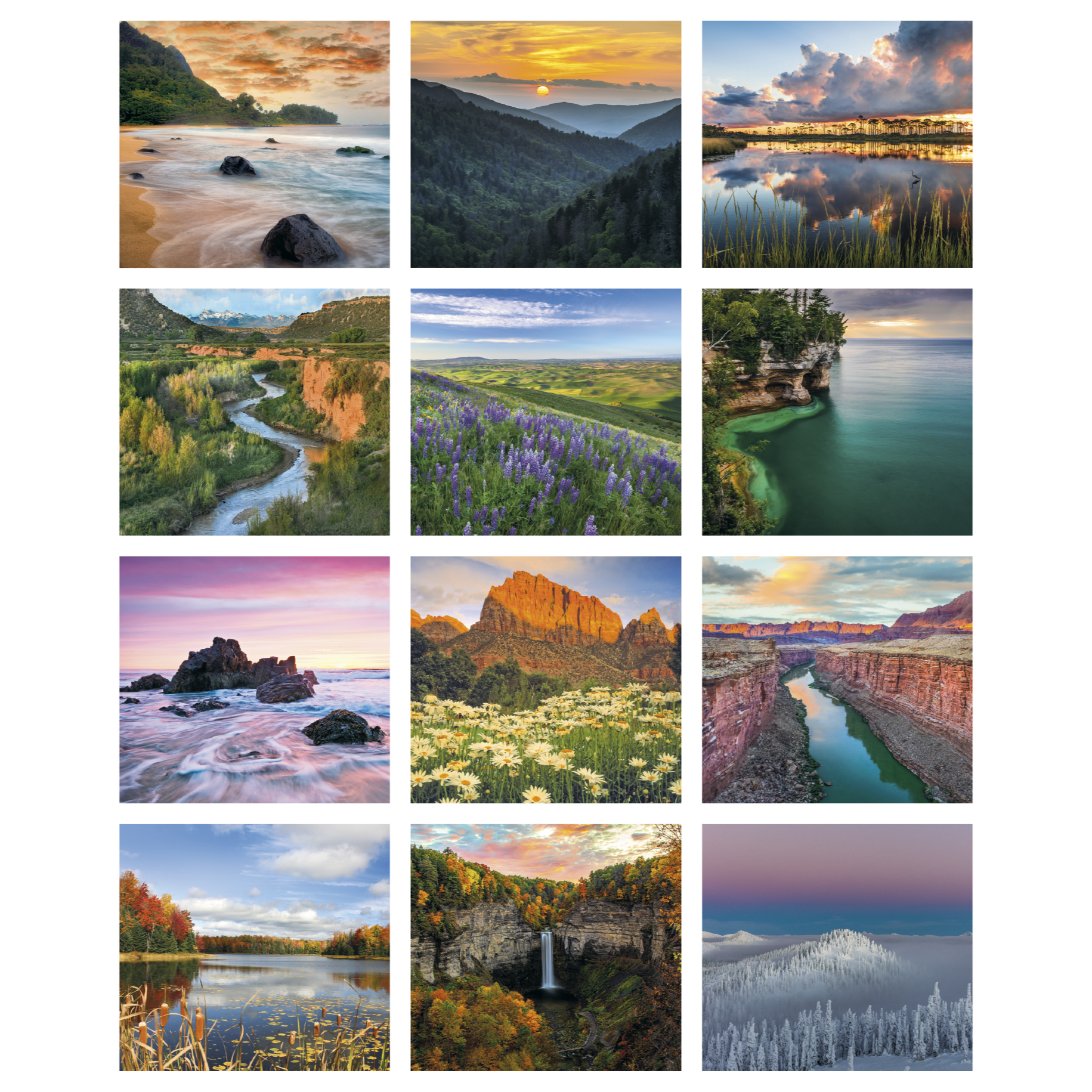 Multicolor mini landscape calendar featuring beautiful scenic images from across America with high-quality imagery, glossy paper stock, and a UV-coated cover.