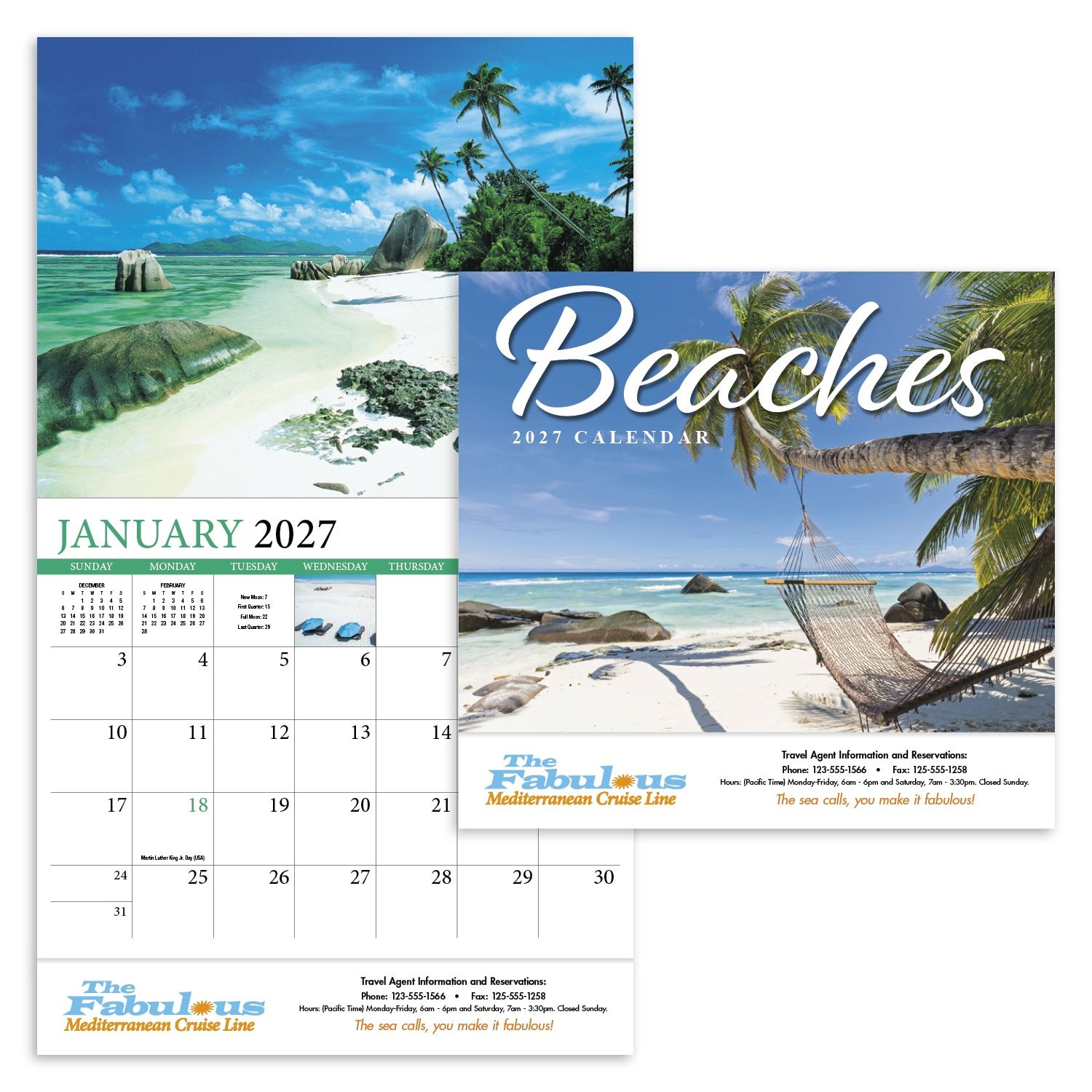 Multicolor tropical beaches stapled calendar featuring beautiful beach and coastal imagery with high-quality photography, glossy paper stock, and a UV-coated cover.