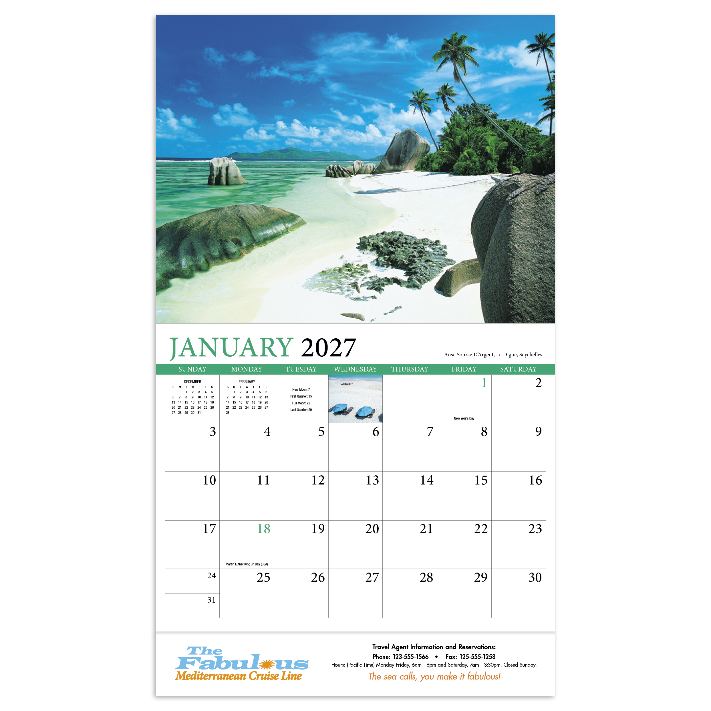 Multicolor tropical beaches stapled calendar featuring beautiful beach and coastal imagery with high-quality photography, glossy paper stock, and a UV-coated cover.