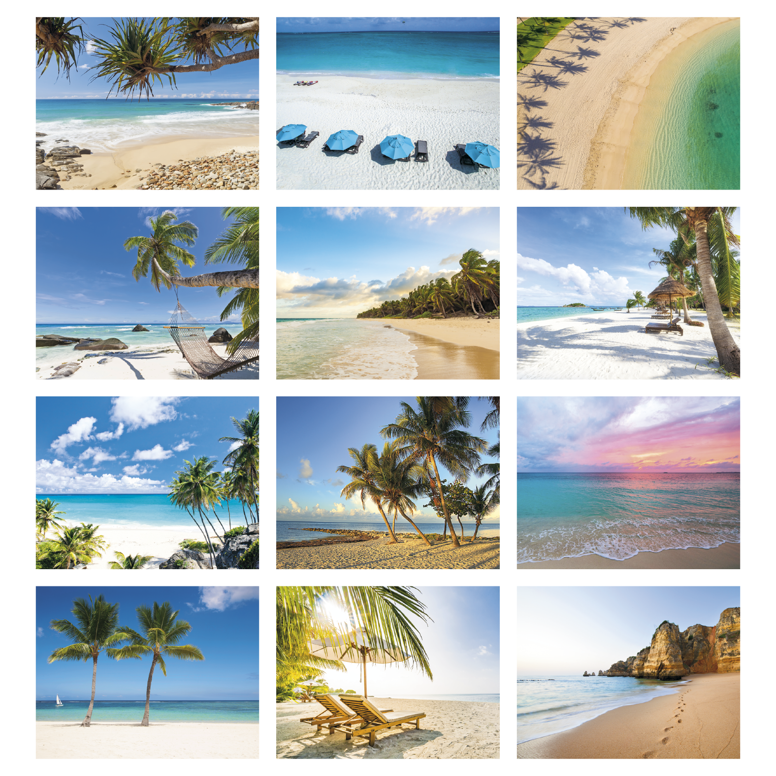Multicolor tropical beaches stapled calendar featuring beautiful beach and coastal imagery with high-quality photography, glossy paper stock, and a UV-coated cover.