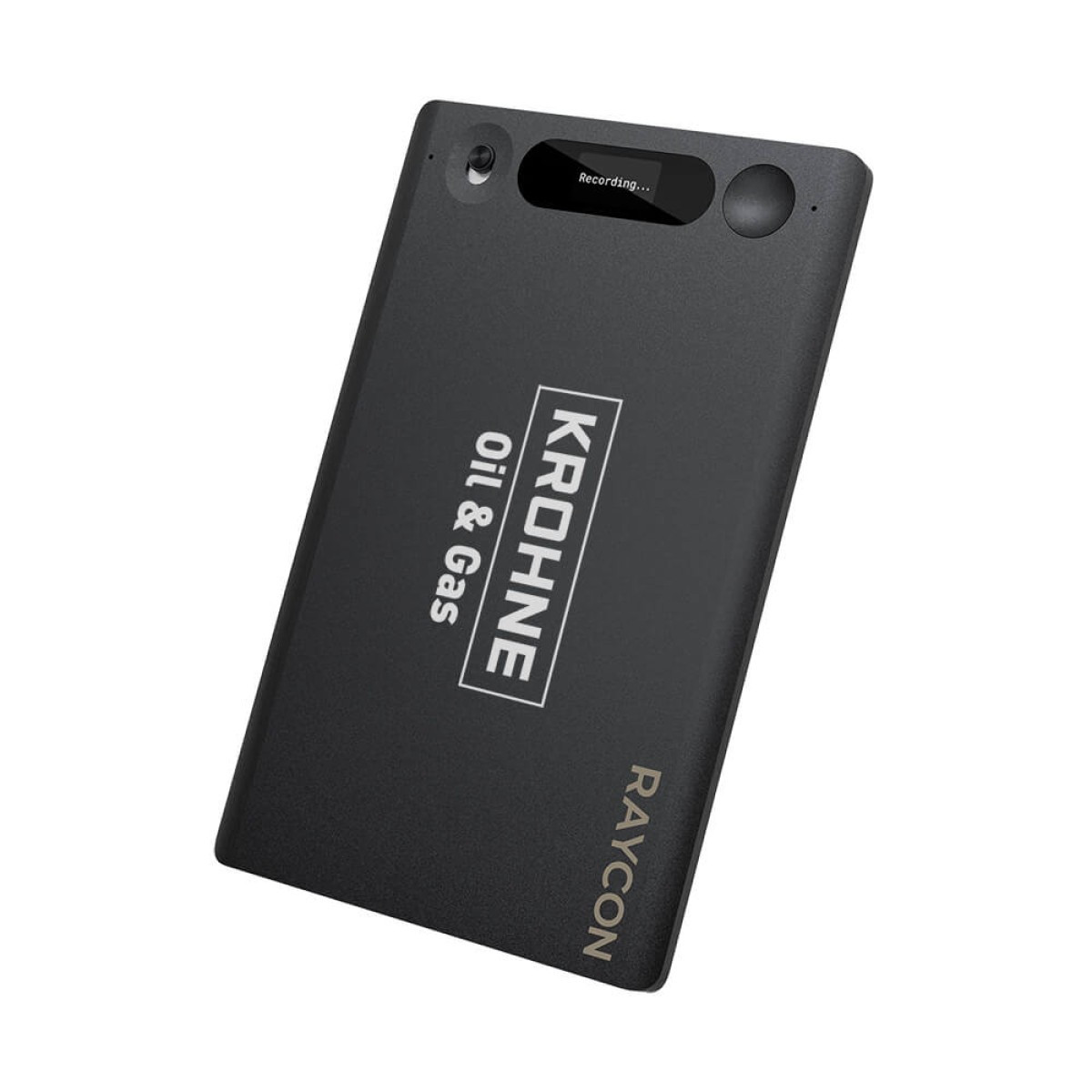 Raycon AI Notetaker in Carbon Black, ultra-slim magnetic voice recorder with a compact rectangular design, built-in microphones, and a portable profile for recording meetings, phone calls, lectures, and conversations with AI transcription and note-taking.