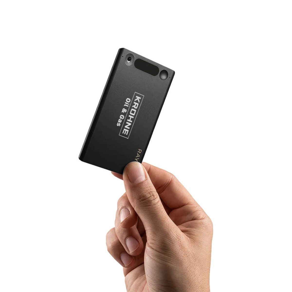 Raycon AI Notetaker in Carbon Black, ultra-slim magnetic voice recorder with a compact rectangular design, built-in microphones, and a portable profile for recording meetings, phone calls, lectures, and conversations with AI transcription and note-taking.