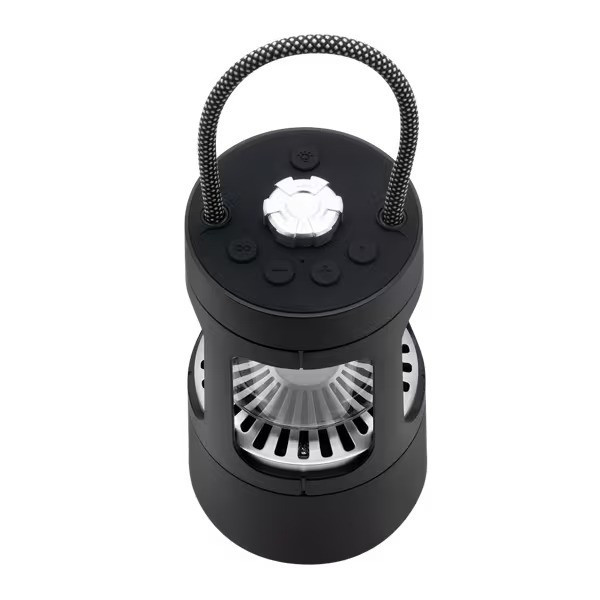 Tiki wireless speaker with LED lantern light, Bluetooth, and splashproof design.