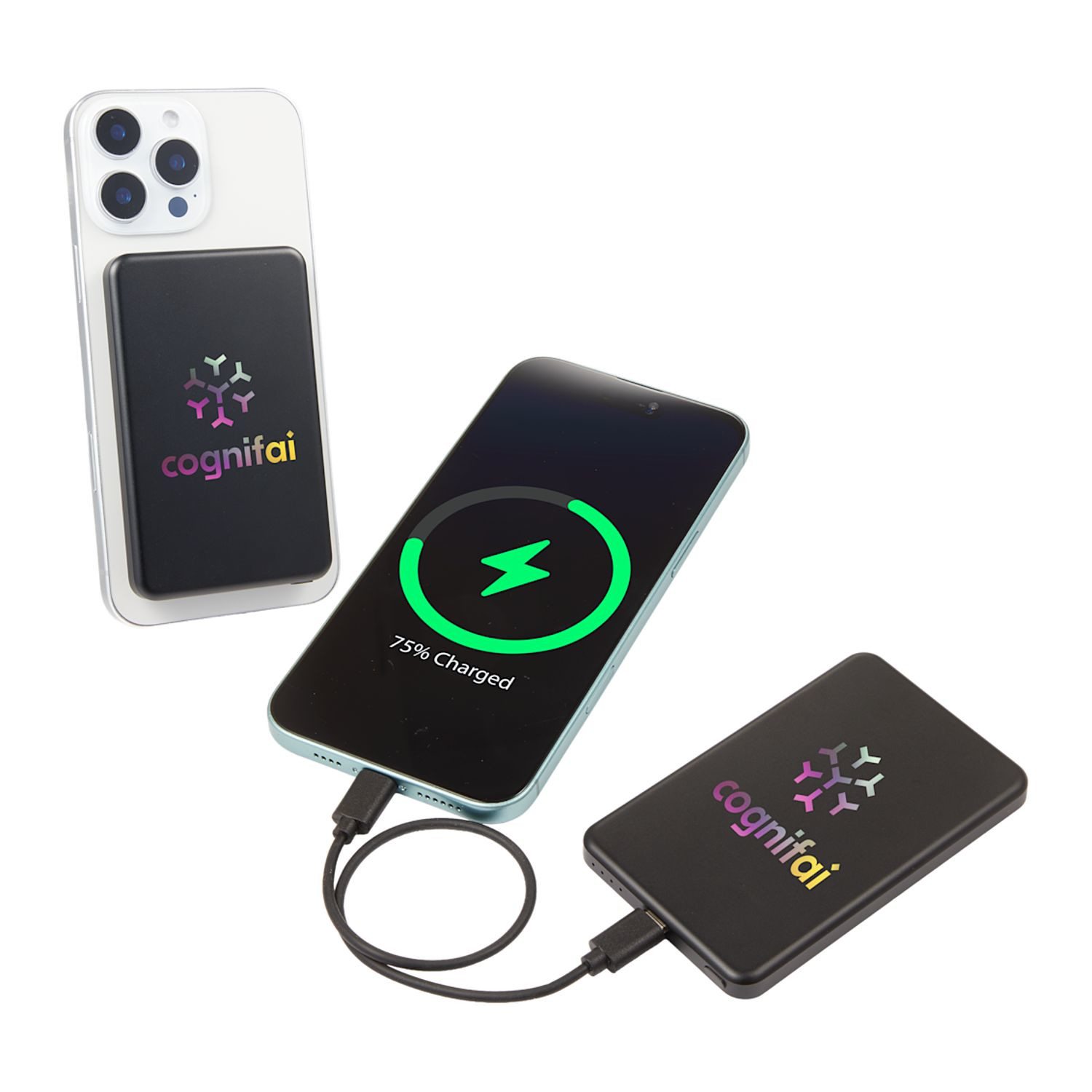 Black MagClick™ 5,000 mAh Slim Aluminum Power Bank, ultra-slim aluminum magnetic wireless power bank with a smooth metal finish, USB-C charging port, and compact pocket-sized design for charging smartphones and compatible devices on the go.