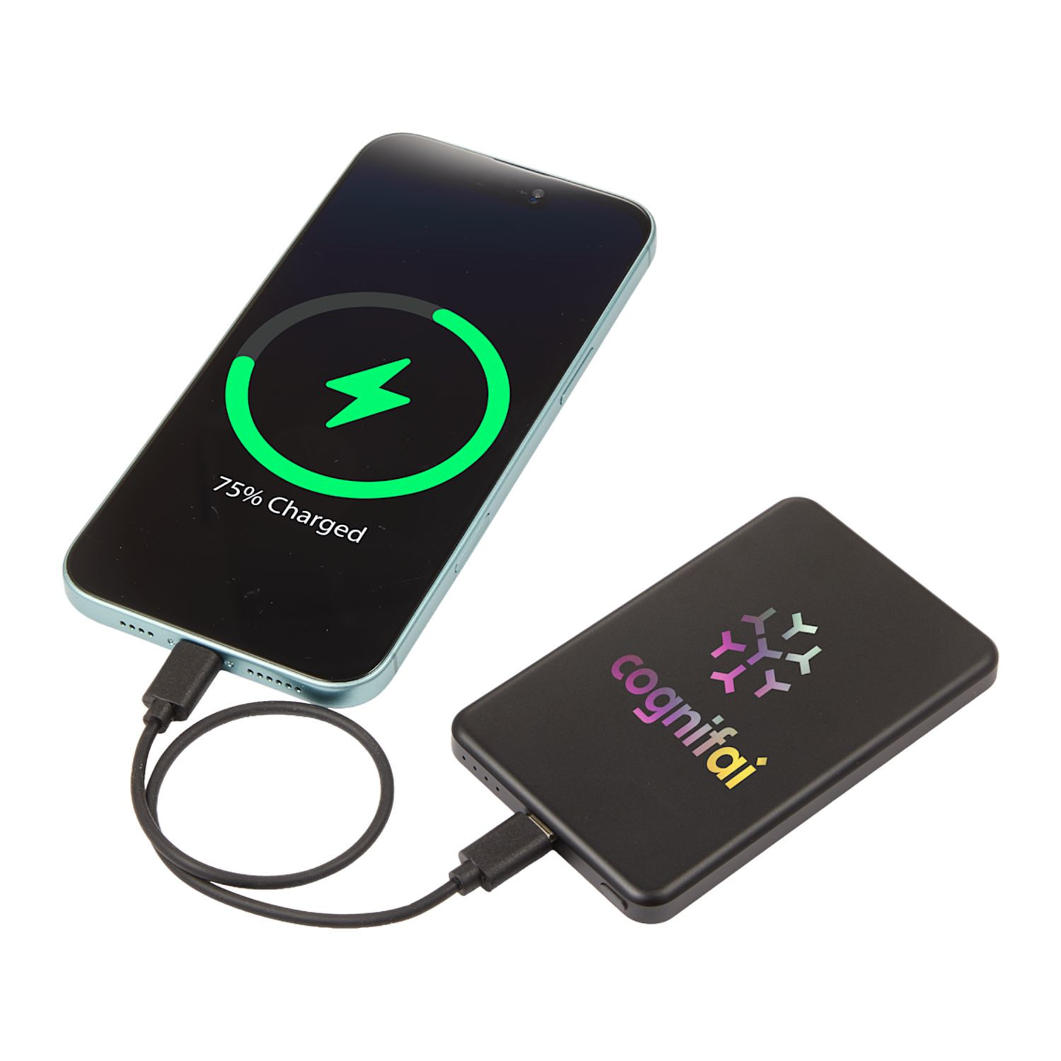 Black MagClick™ 5,000 mAh Slim Aluminum Power Bank, ultra-slim aluminum magnetic wireless power bank with a smooth metal finish, USB-C charging port, and compact pocket-sized design for charging smartphones and compatible devices on the go.
