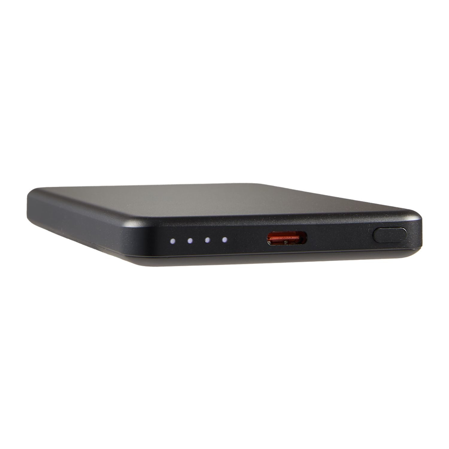 Black MagClick™ 5,000 mAh Slim Aluminum Power Bank, ultra-slim aluminum magnetic wireless power bank with a smooth metal finish, USB-C charging port, and compact pocket-sized design for charging smartphones and compatible devices on the go.
