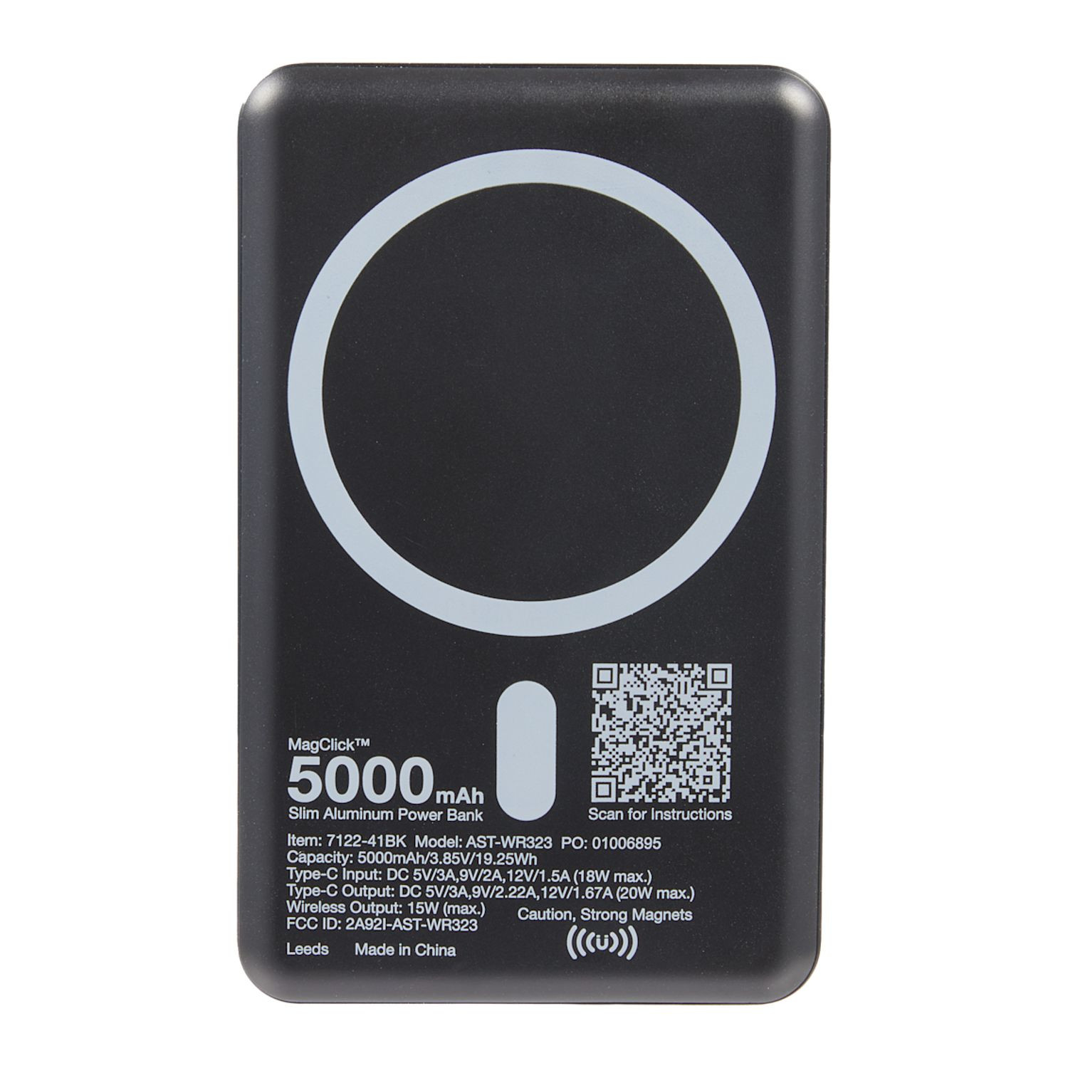 Black MagClick™ 5,000 mAh Slim Aluminum Power Bank, ultra-slim aluminum magnetic wireless power bank with a smooth metal finish, USB-C charging port, and compact pocket-sized design for charging smartphones and compatible devices on the go.