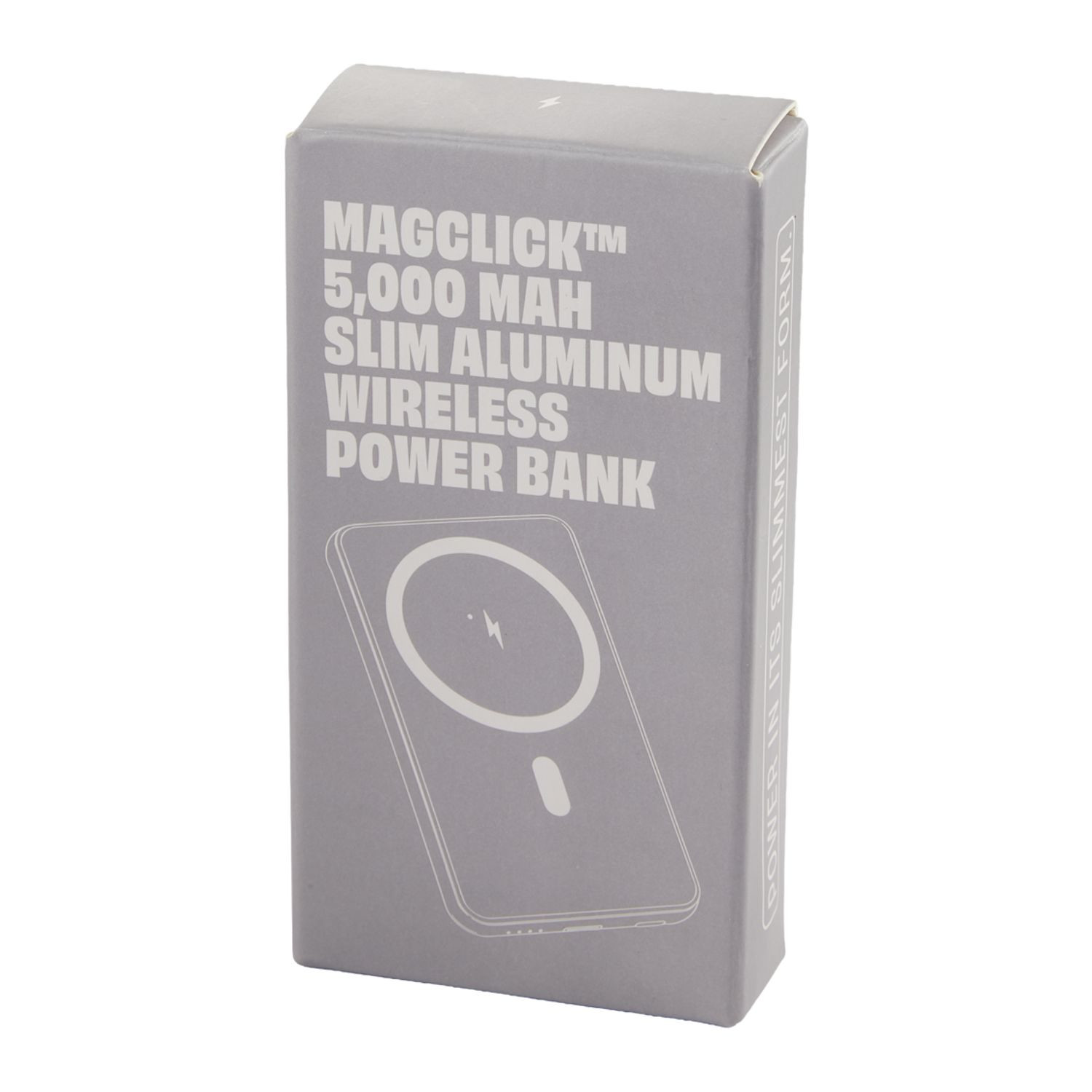 Box of Black MagClick™ 5,000 mAh Slim Aluminum Power Bank, ultra-slim aluminum magnetic wireless power bank with a smooth metal finish, USB-C charging port, and compact pocket-sized design for charging smartphones and compatible devices on the go.