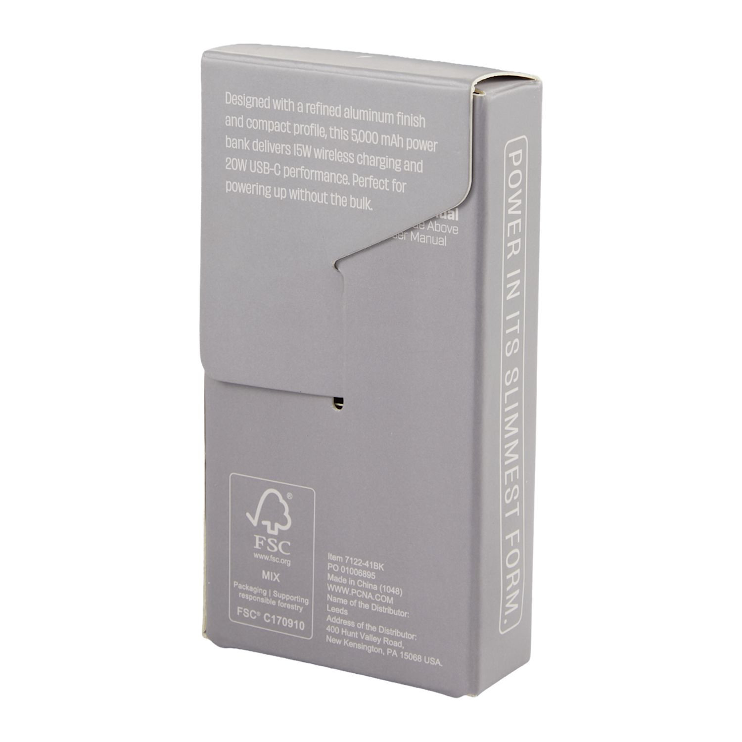 Box of Black MagClick™ 5,000 mAh Slim Aluminum Power Bank, ultra-slim aluminum magnetic wireless power bank with a smooth metal finish, USB-C charging port, and compact pocket-sized design for charging smartphones and compatible devices on the go.