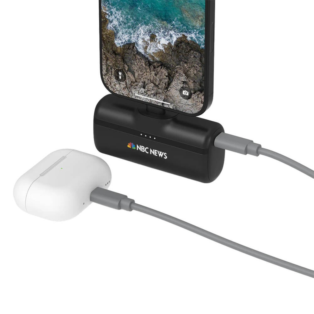 Black Nimble Bump Portable Charger, compact portable power bank with a foldable built-in USB-C connector, USB-C charging port, and rounded rectangular design for fast charging smartphones and USB-C devices on the go.