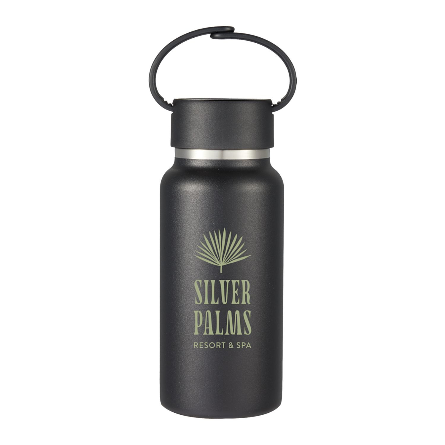 Black Mini Thor 8 oz vacuum insulated recycled stainless steel bottle with double-wall construction, twist-on lid, and unclippable carry handle.