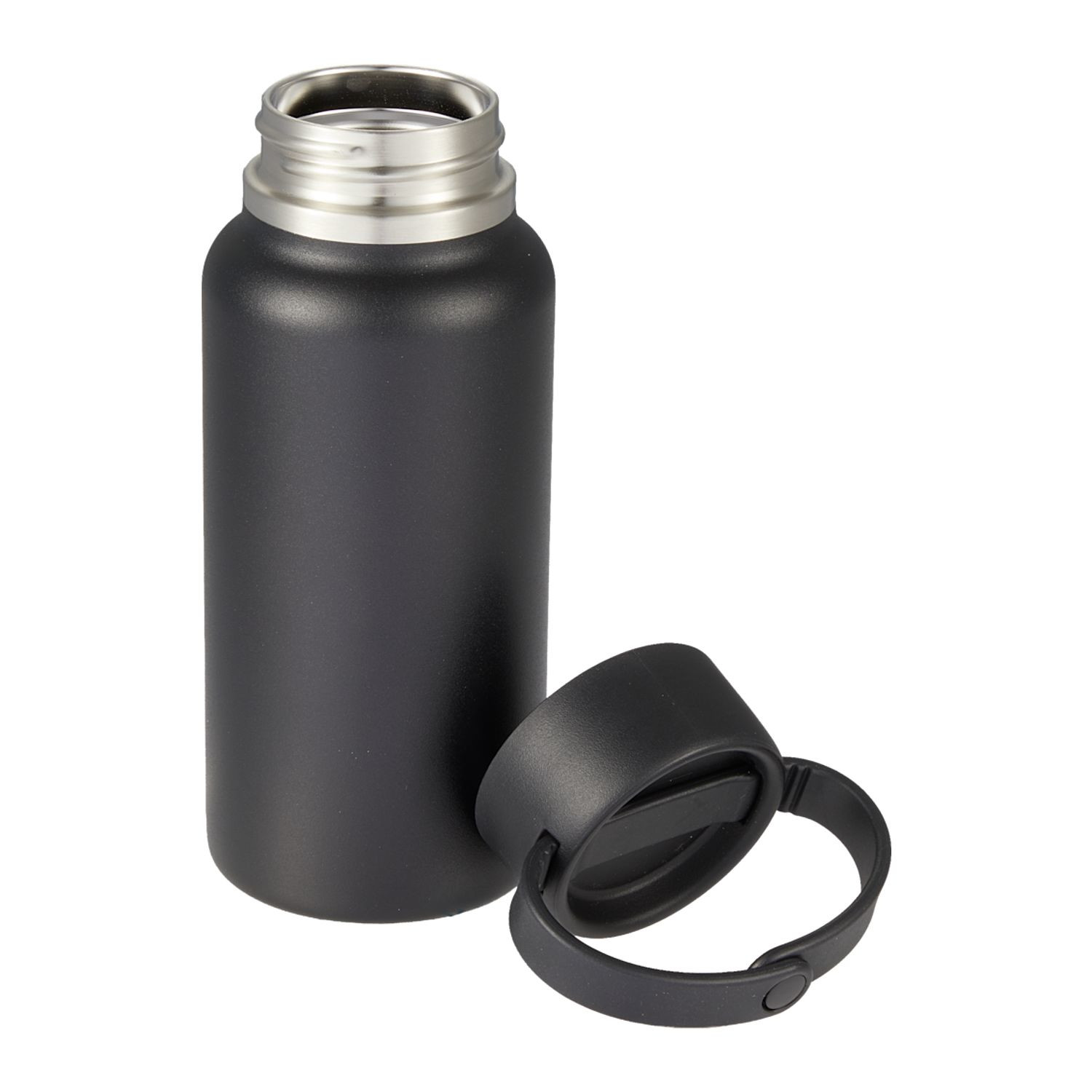 Black Mini Thor 8 oz vacuum insulated recycled stainless steel bottle with double-wall construction, twist-on lid, and unclippable carry handle.