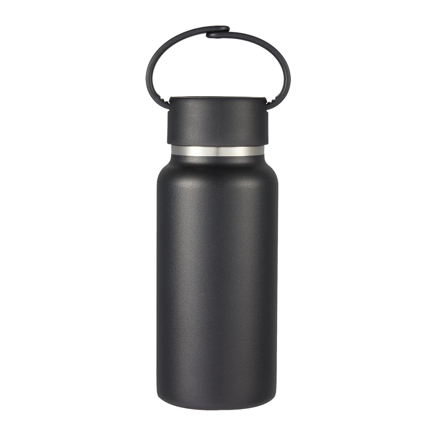 Black Mini Thor 8 oz vacuum insulated recycled stainless steel bottle with double-wall construction, twist-on lid, and unclippable carry handle.