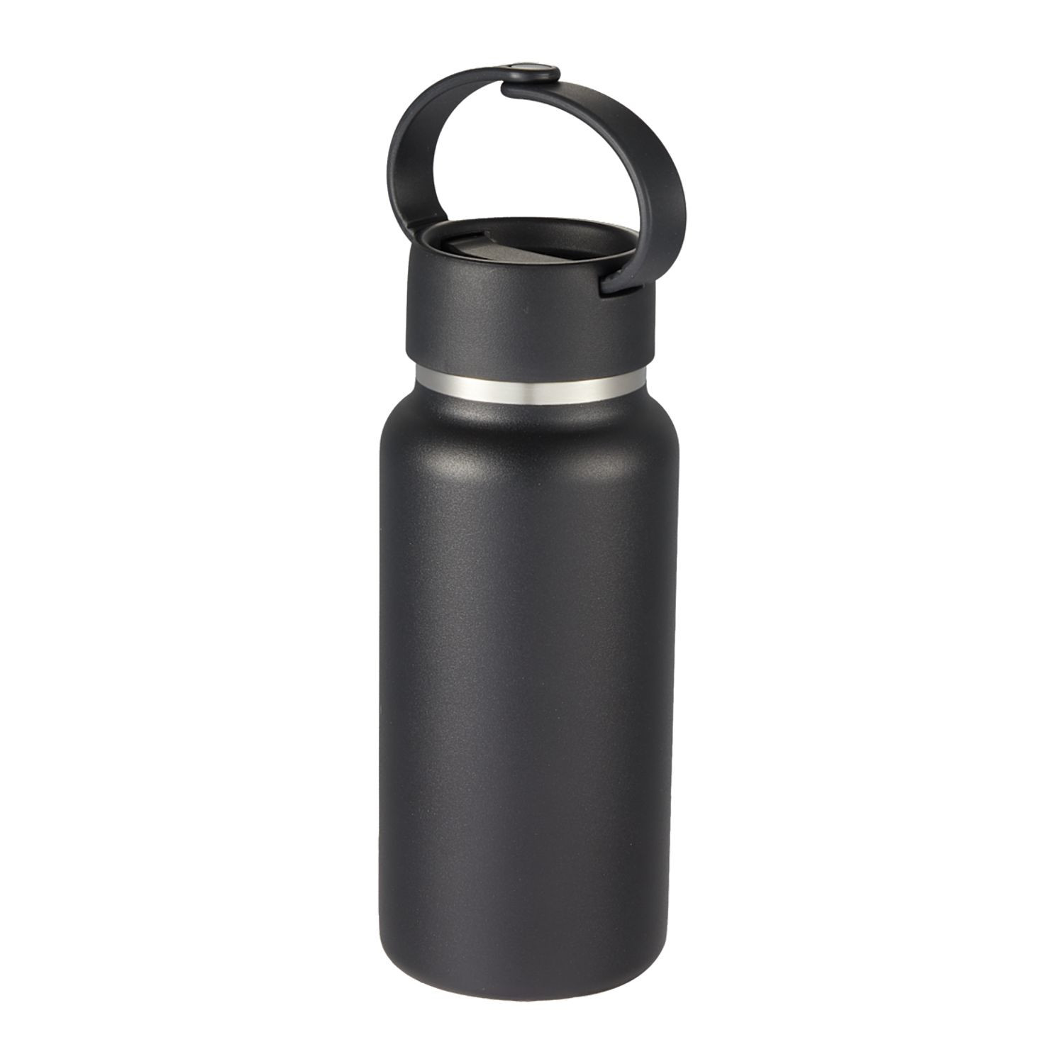 Black Mini Thor 8 oz vacuum insulated recycled stainless steel bottle with double-wall construction, twist-on lid, and unclippable carry handle.