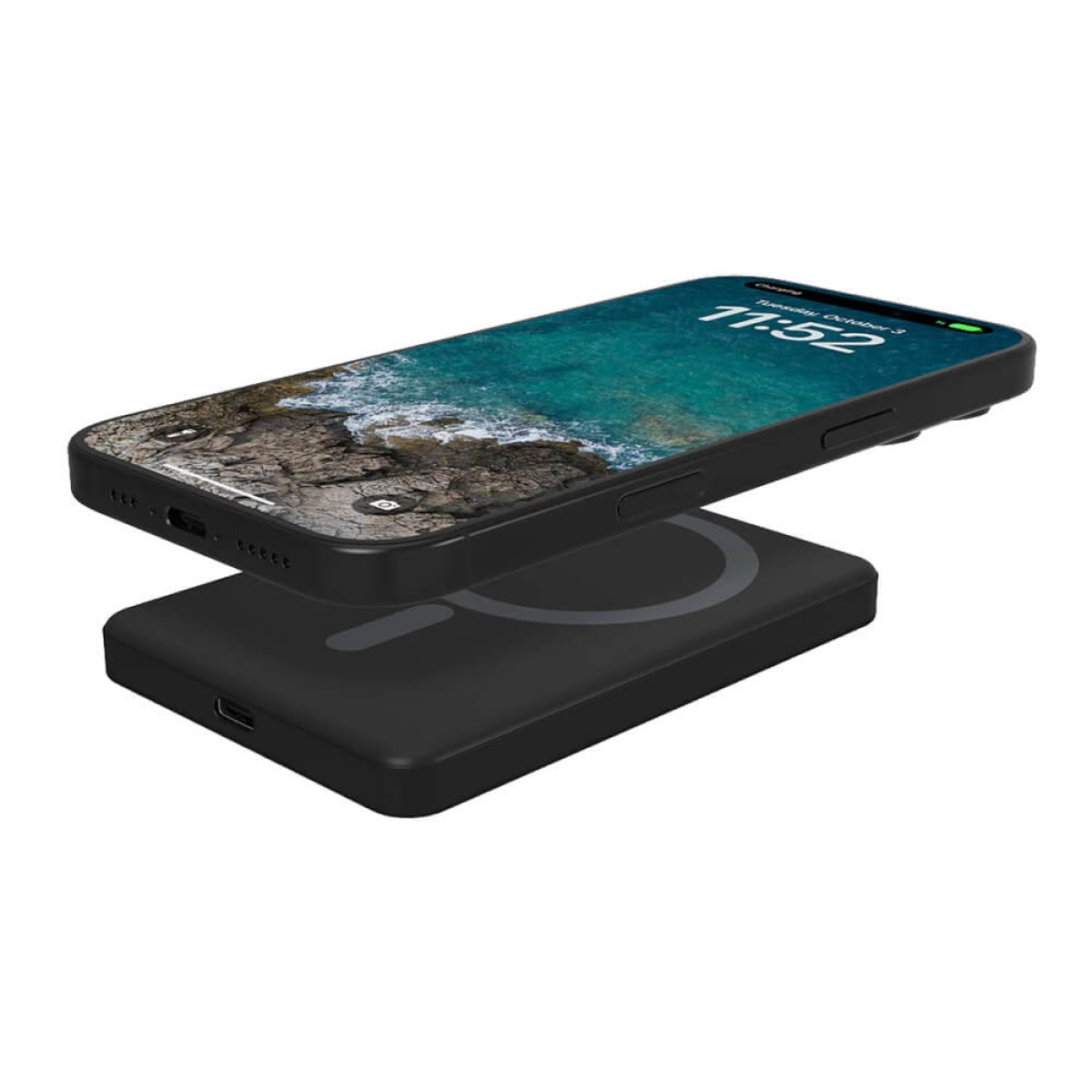 Black Nimble CHAMP Wireless 5K Magnetic Portable Charger, compact magnetic wireless power bank with a smooth rounded design, USB-C charging port, and pocket-sized profile for wirelessly charging MagSafe-compatible smartphones and USB-C devices on the go.