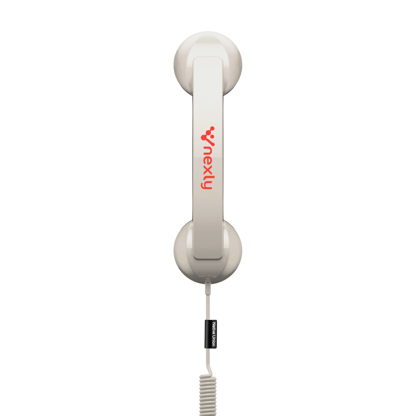 Sandstone Native Union Pop Phone handset made from recycled ABS and zinc alloy with a high-quality microphone and speaker, comfortable grip, built-in call button, and USB-C connectivity.