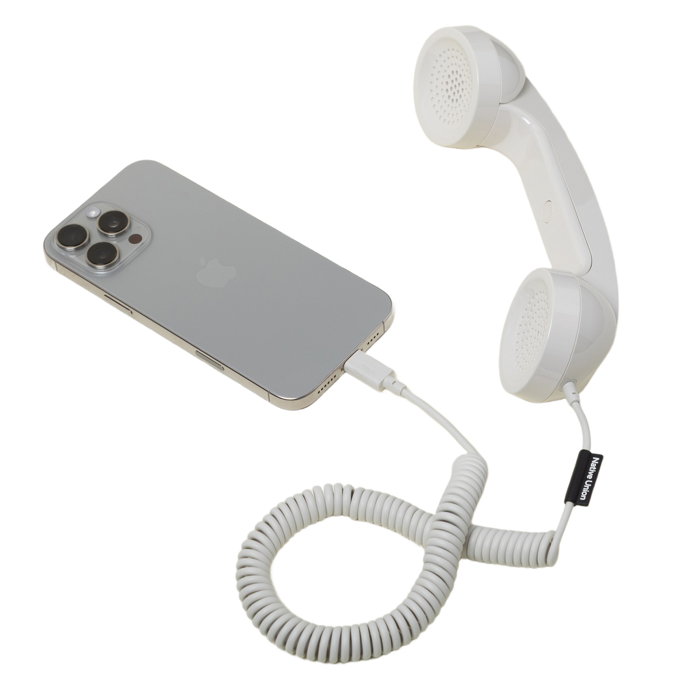 Sandstone Native Union Pop Phone handset made from recycled ABS and zinc alloy with a high-quality microphone and speaker, comfortable grip, built-in call button, and USB-C connectivity.