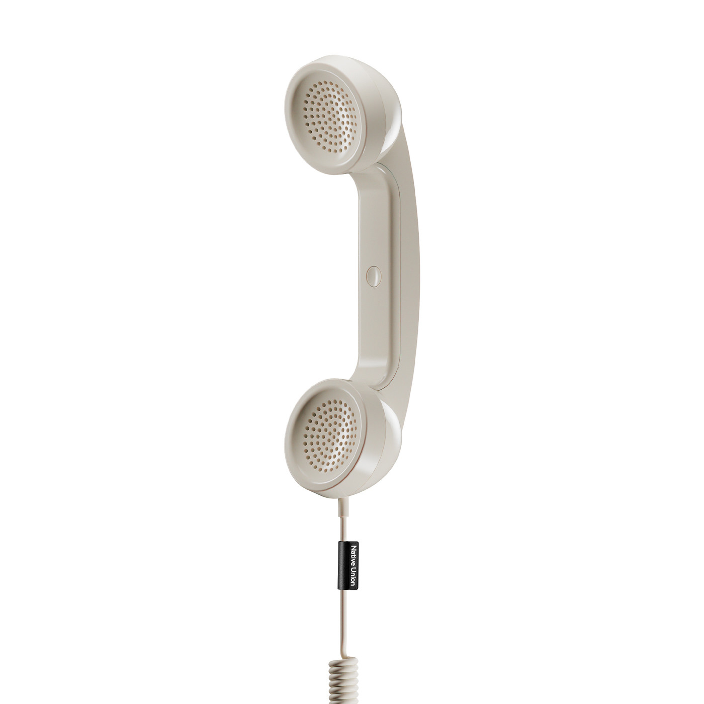 Sandstone Native Union Pop Phone handset made from recycled ABS and zinc alloy with a high-quality microphone and speaker, comfortable grip, built-in call button, and USB-C connectivity.