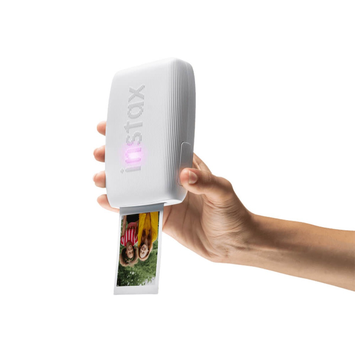 White FUJIFILM Instax Mini Link 3 Printer, compact ABS smartphone photo printer with a textured finish, LED status lights, and USB-C charging port for printing instant mini photos from a smartphone via Bluetooth.