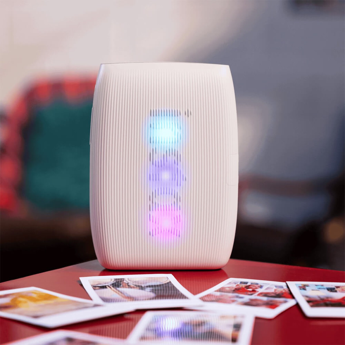 White FUJIFILM Instax Mini Link 3 Printer, compact ABS smartphone photo printer with a textured finish, LED status lights, and USB-C charging port for printing instant mini photos from a smartphone via Bluetooth.