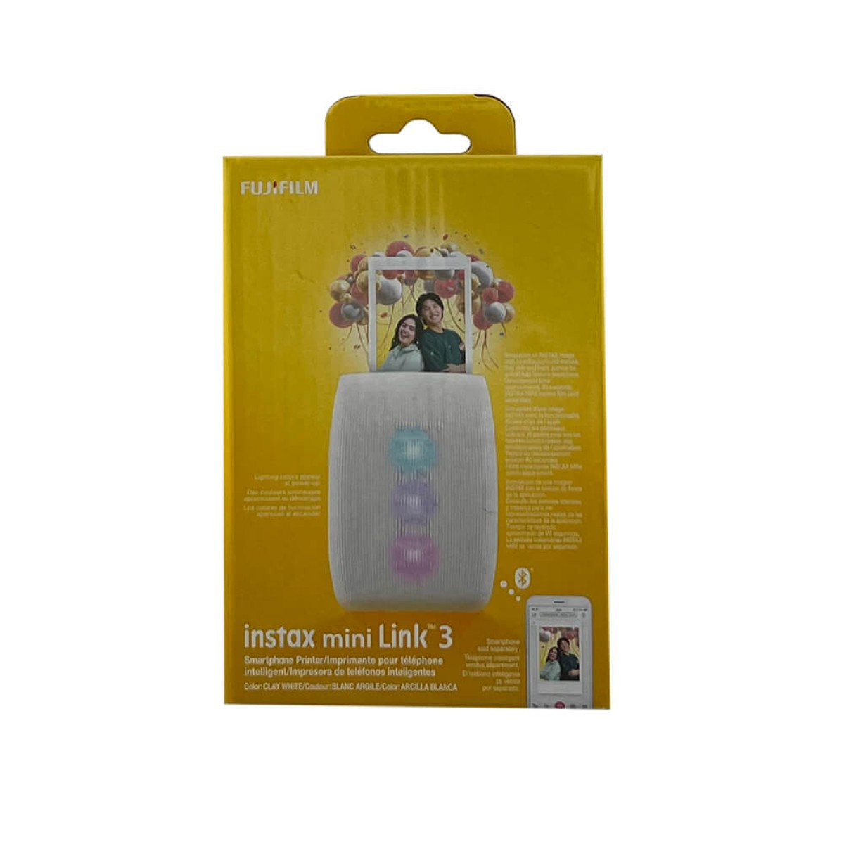 White FUJIFILM Instax Mini Link 3 Printer, compact ABS smartphone photo printer with a textured finish, LED status lights, and USB-C charging port for printing instant mini photos from a smartphone via Bluetooth.