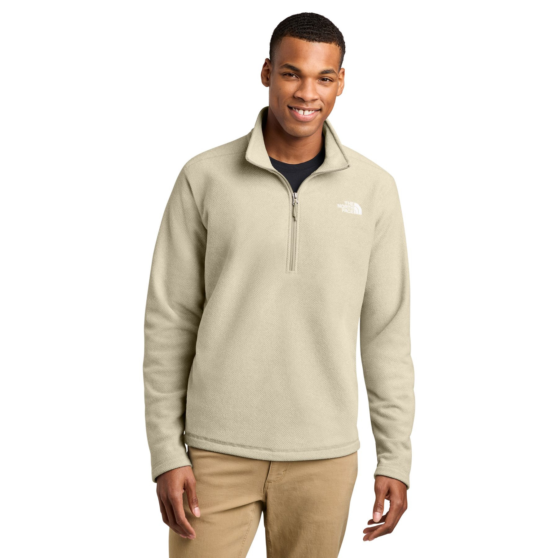 Gravel Heather textured micro-patterned half-zip fleece pullover made from recycled polyester blend with a stand collar, long sleeves, and forward shoulder seams.