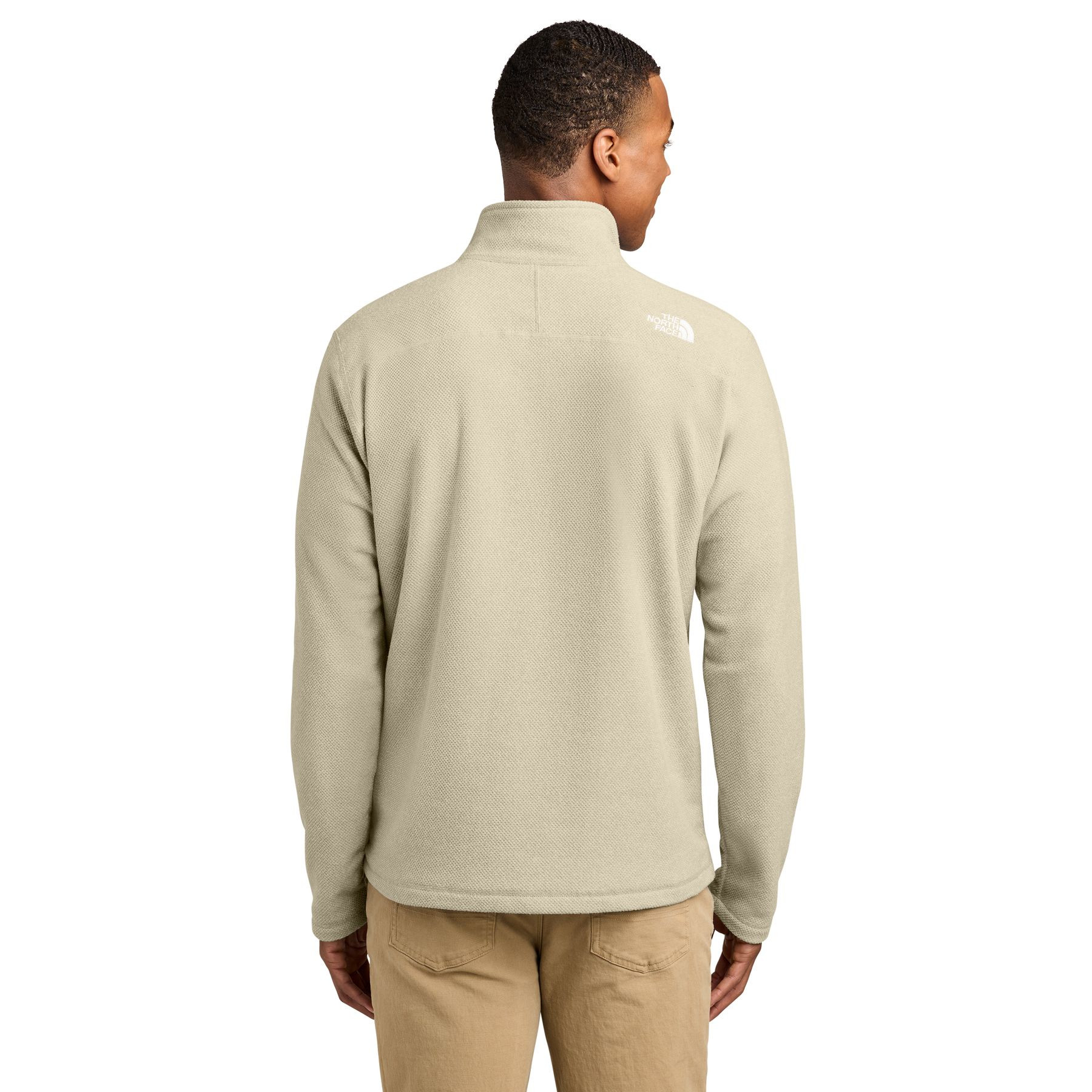 Gravel Heather textured micro-patterned half-zip fleece pullover made from recycled polyester blend with a stand collar, long sleeves, and forward shoulder seams.