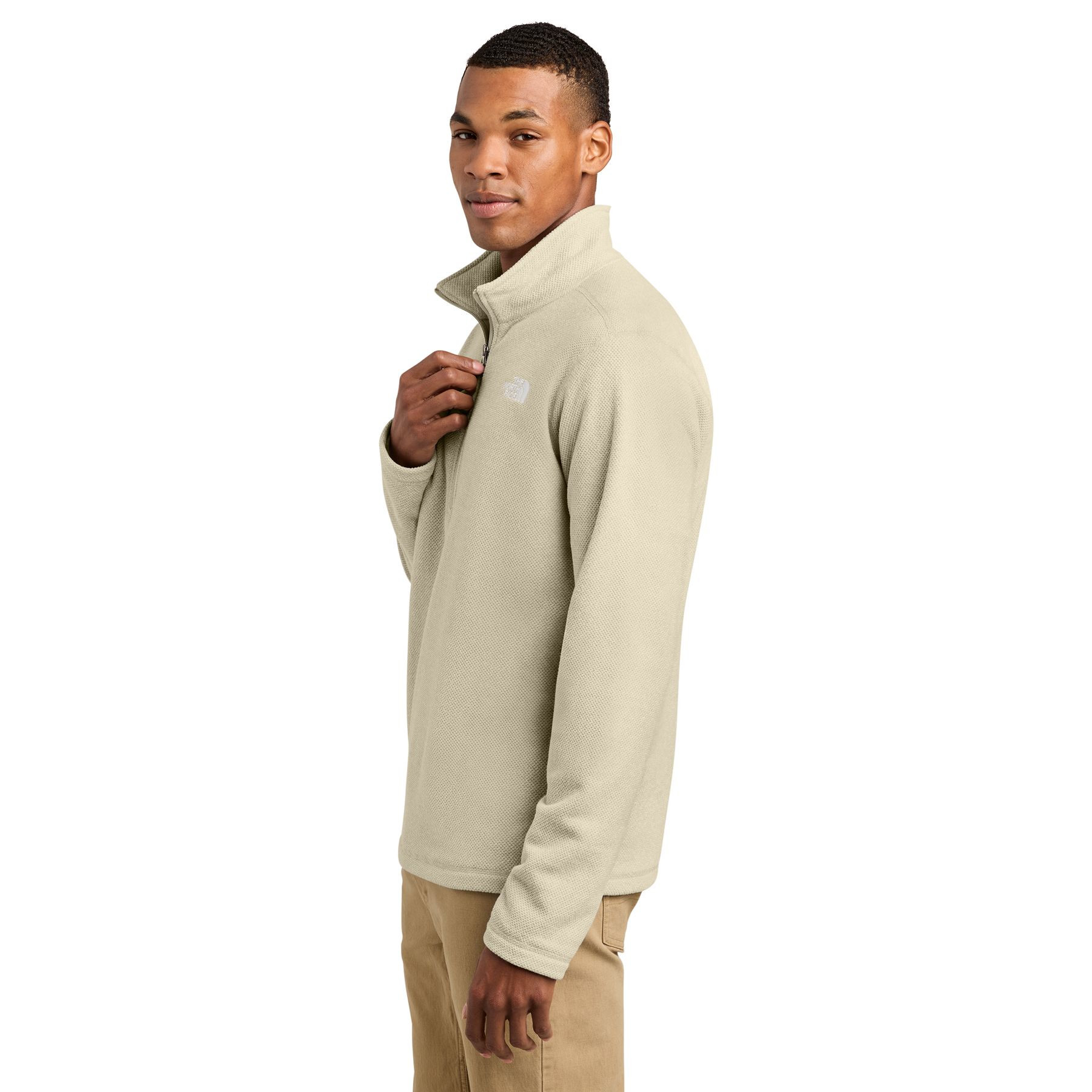 Gravel Heather textured micro-patterned half-zip fleece pullover made from recycled polyester blend with a stand collar, long sleeves, and forward shoulder seams.