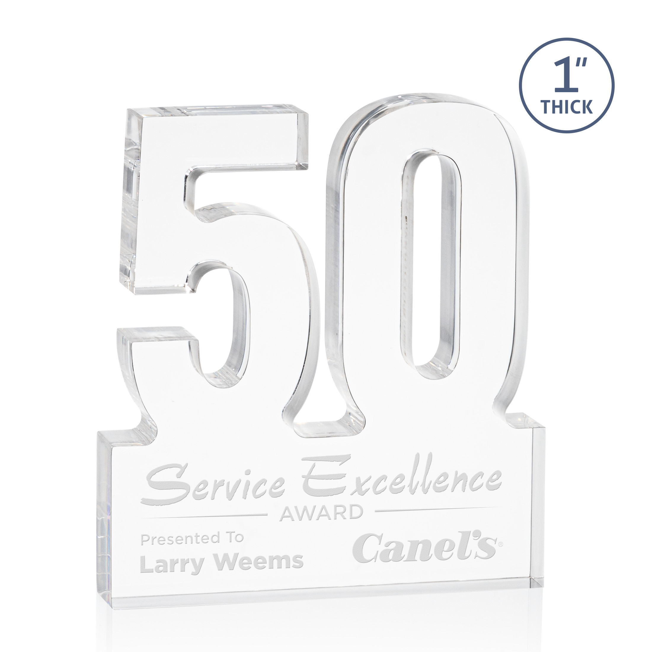 Freestanding acrylic award with molded numbers and a customizable engraved base.
