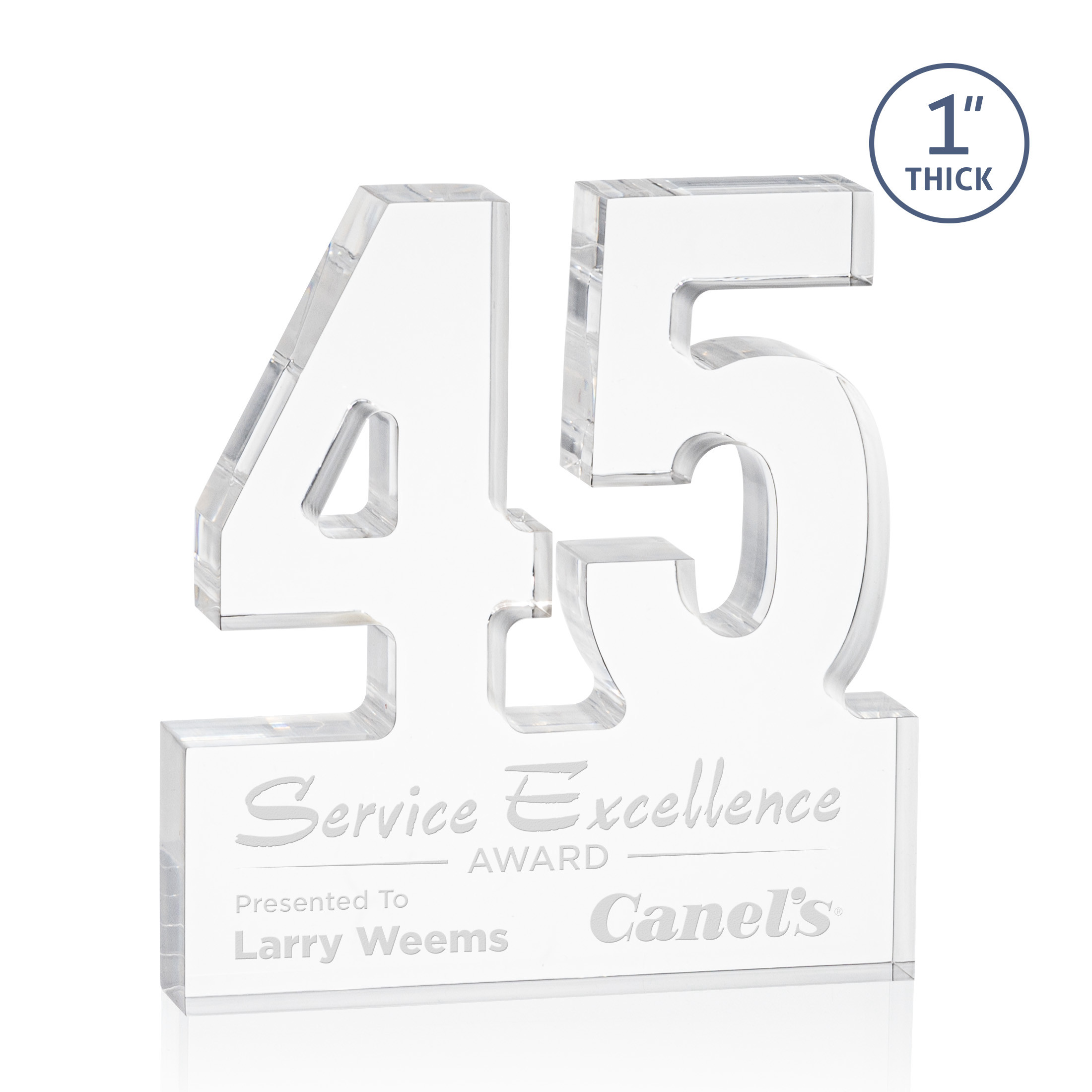 Freestanding acrylic award with molded numbers and a customizable engraved base.