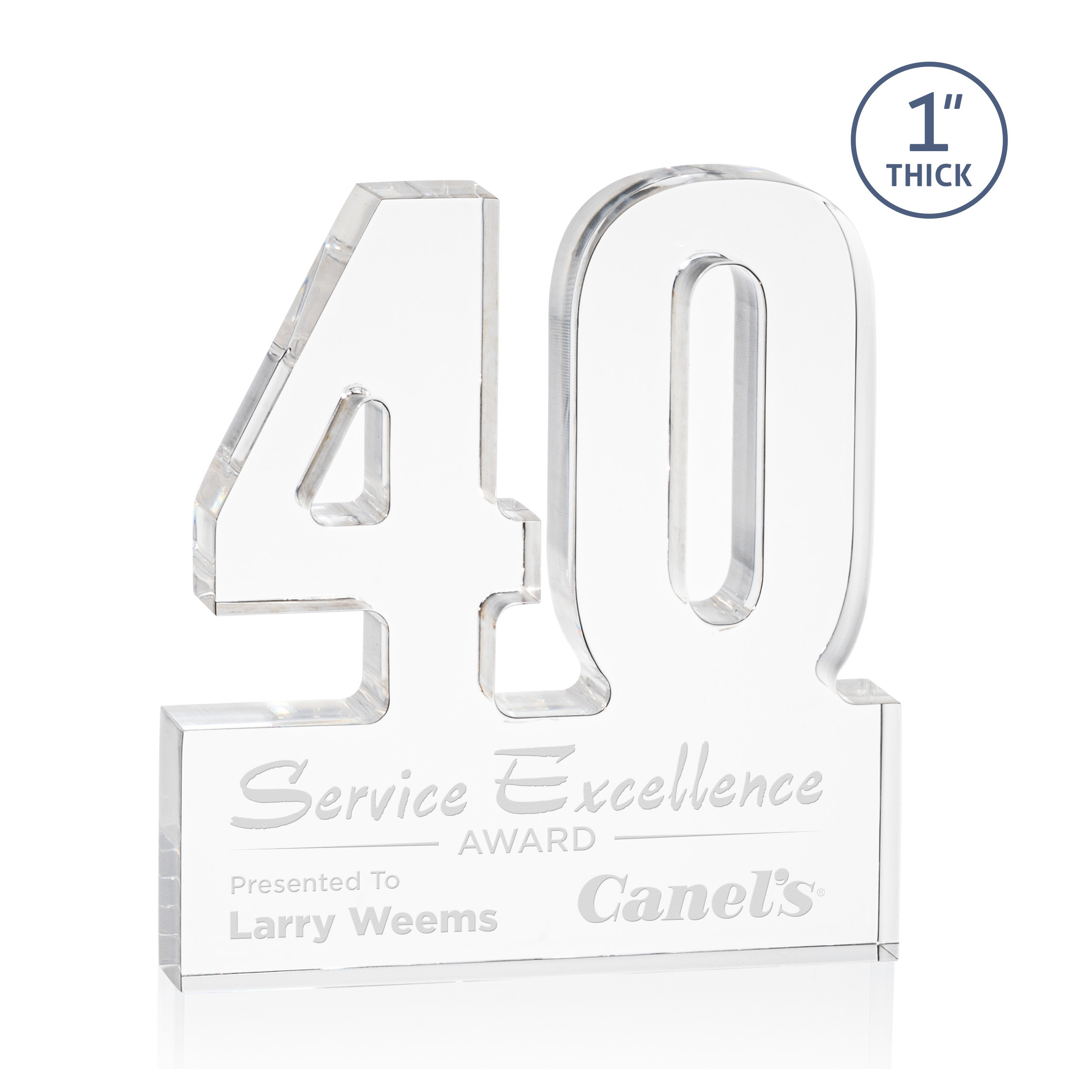 Freestanding acrylic award with molded numbers and a customizable engraved base.