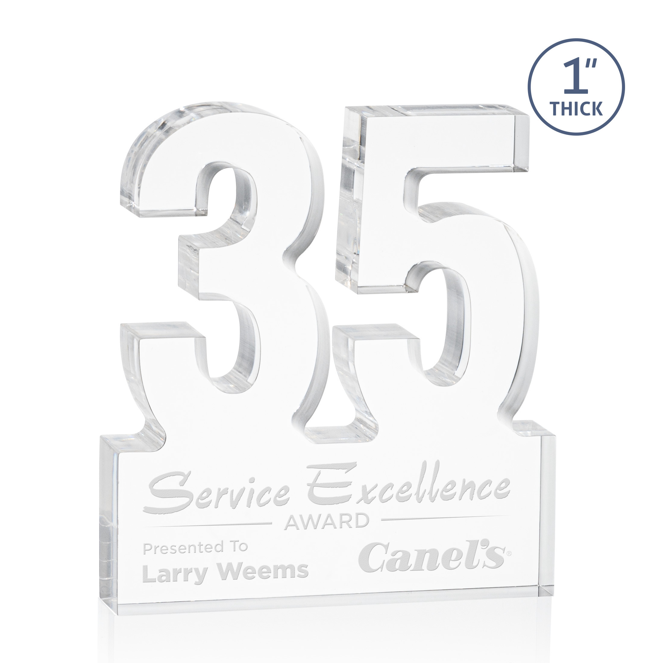 Freestanding acrylic award with molded numbers and a customizable engraved base.