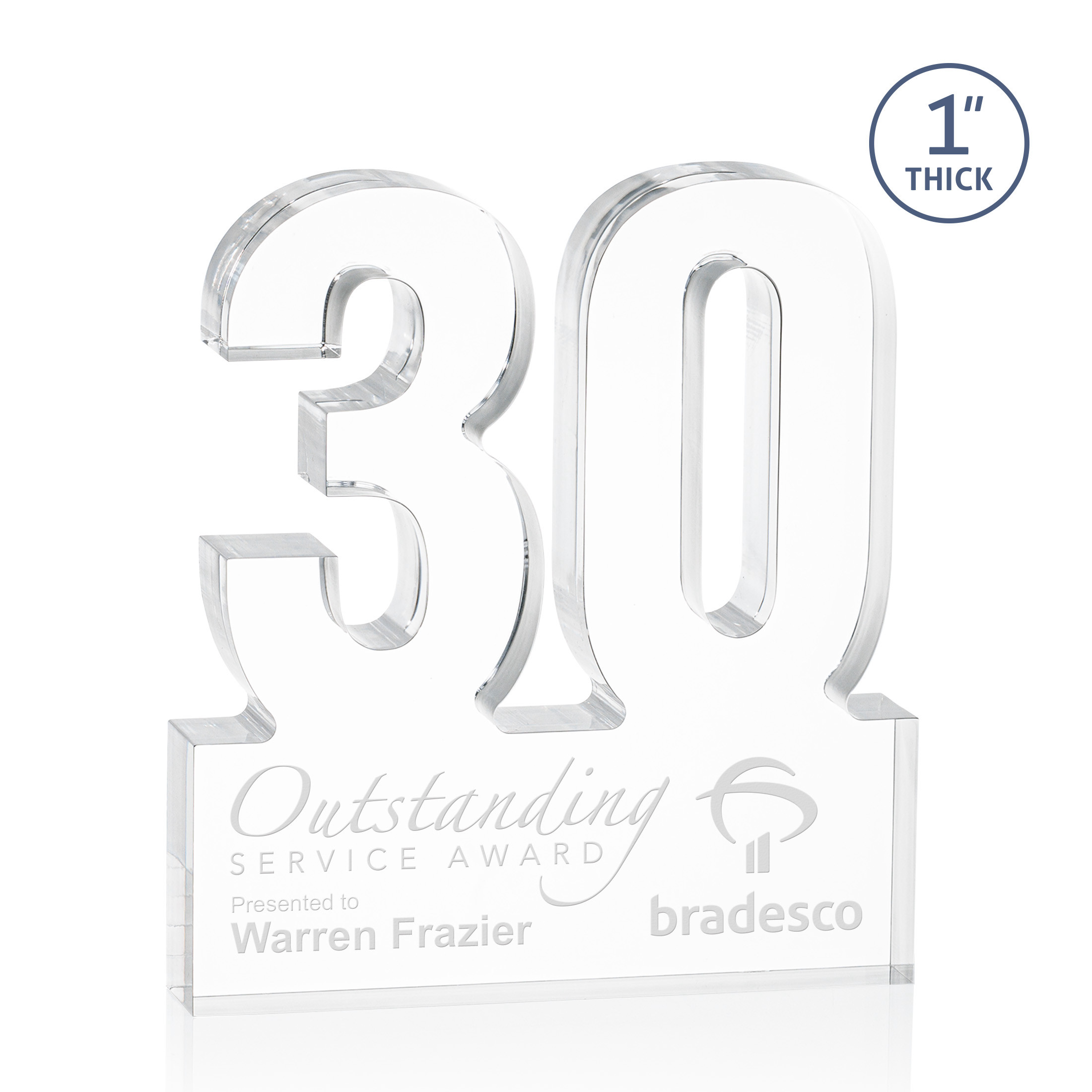 Freestanding acrylic award with molded numbers and a customizable engraved base.
