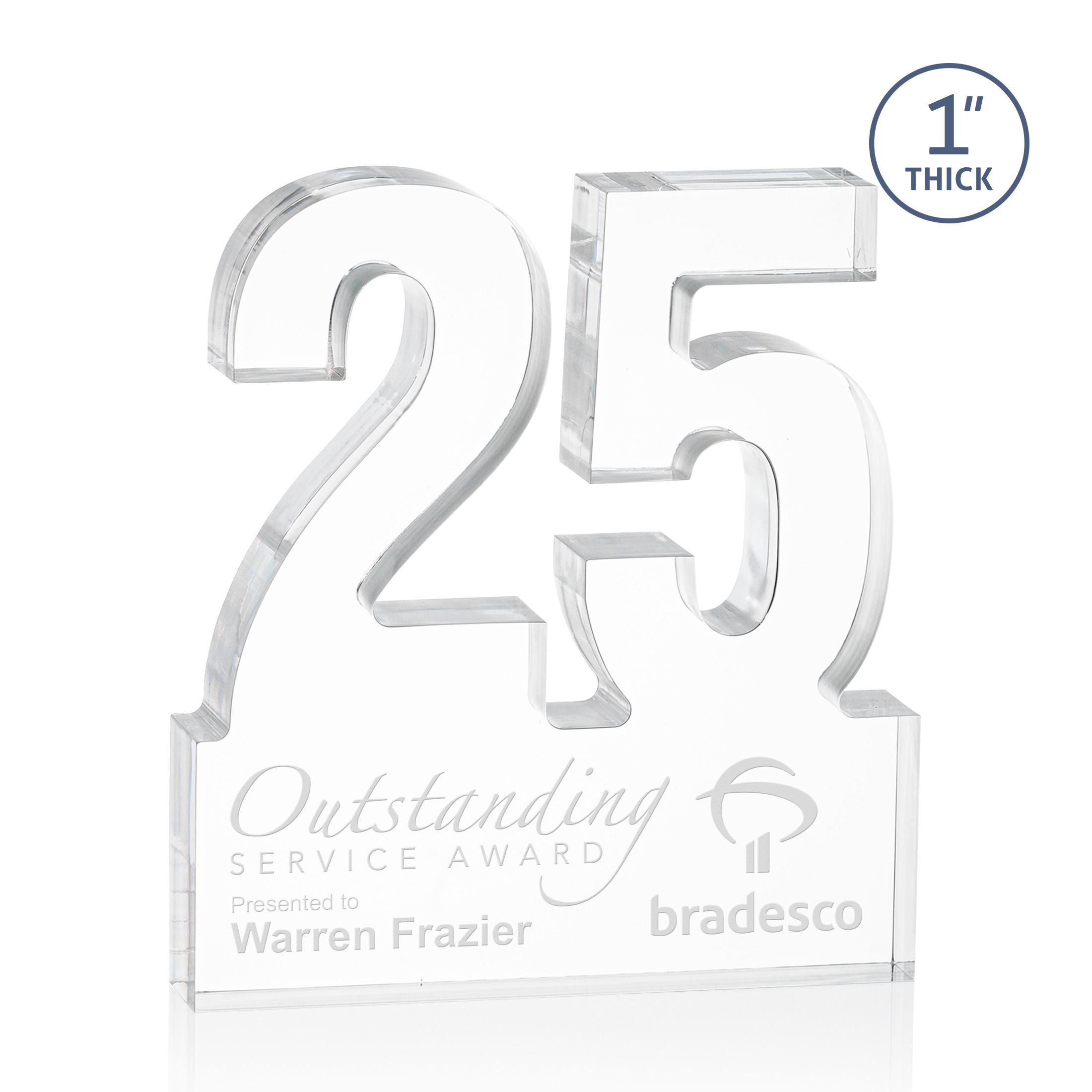 Freestanding acrylic award with molded numbers and a customizable engraved base.