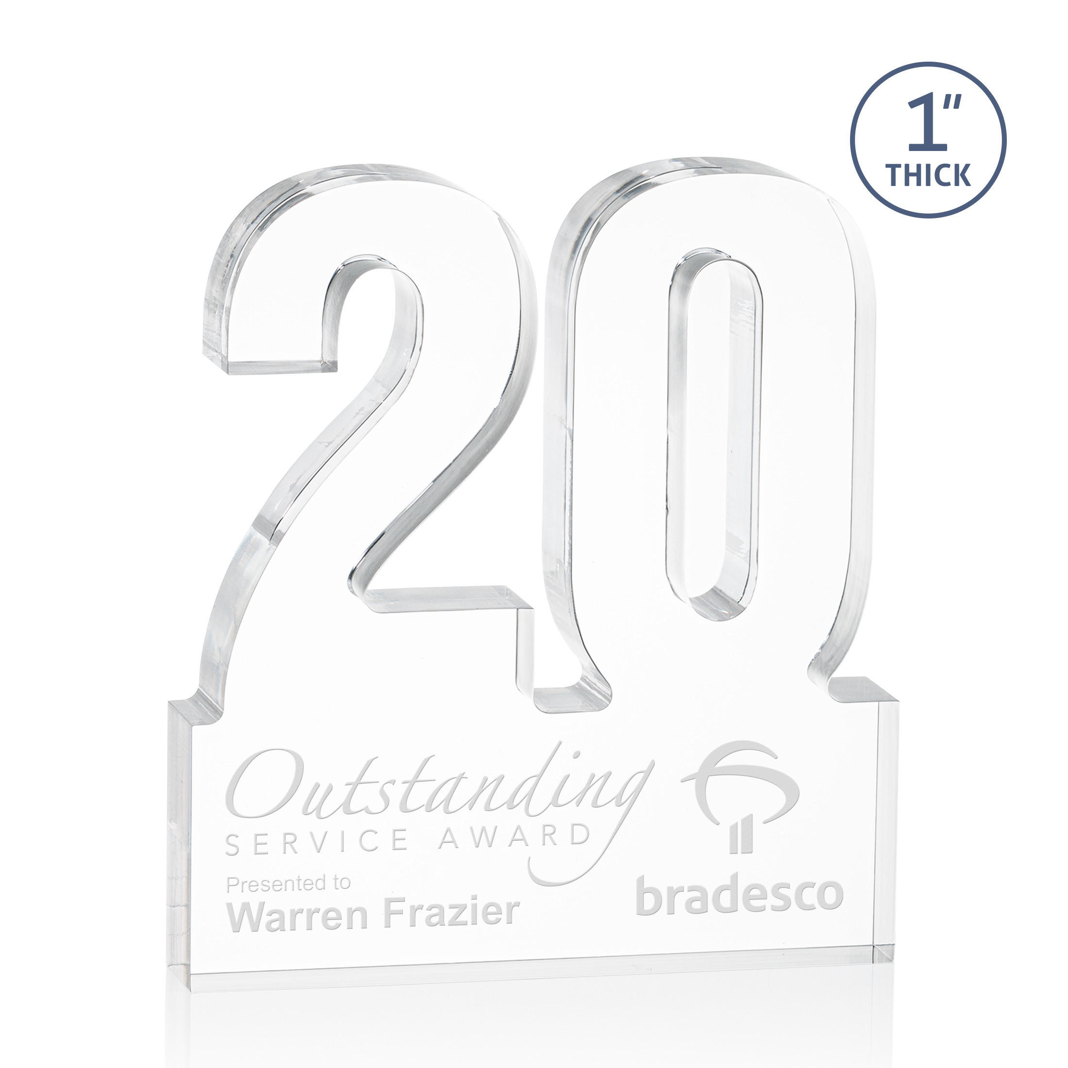 Freestanding acrylic award with molded numbers and a customizable engraved base.