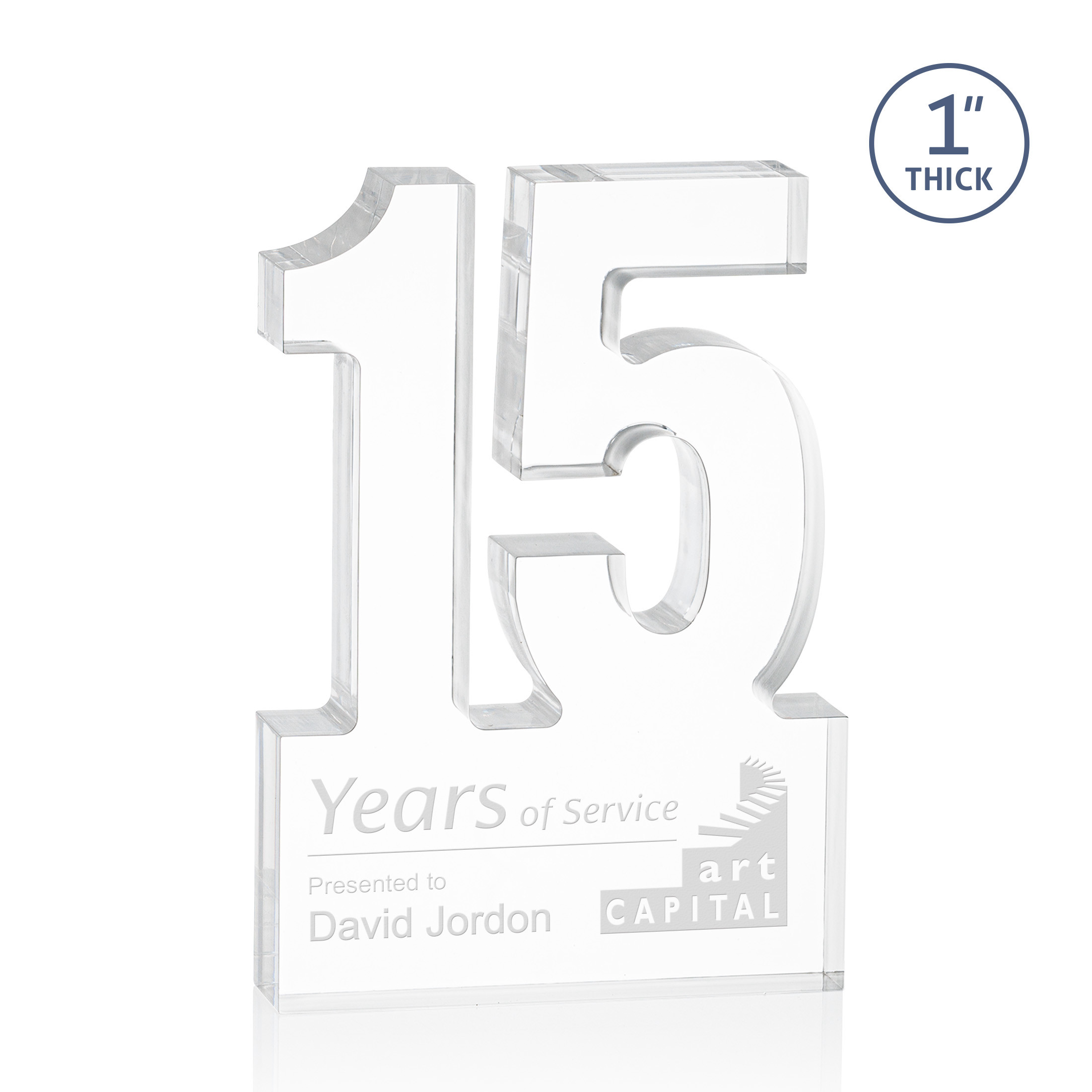 Freestanding acrylic award with molded numbers and a customizable engraved base.