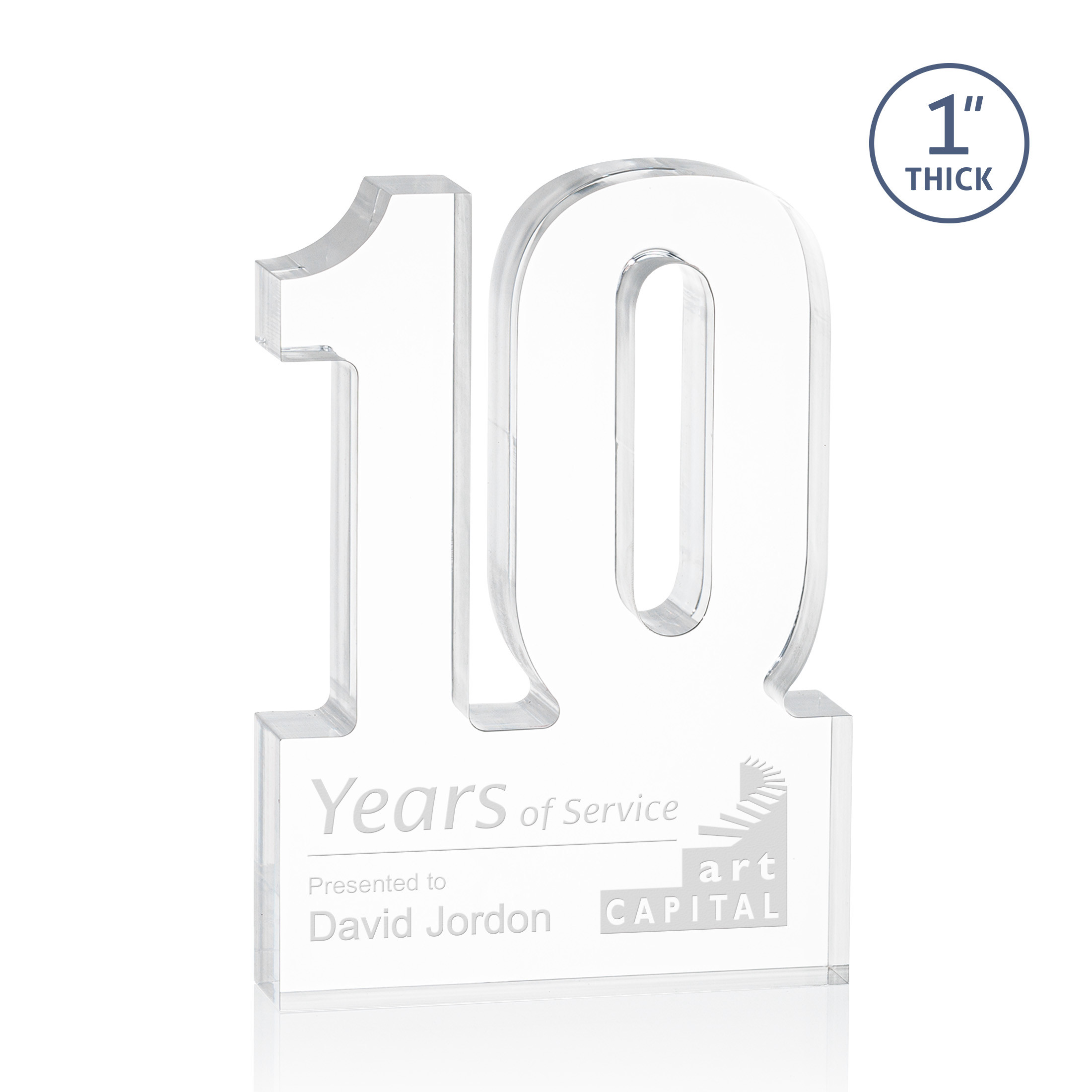 Freestanding acrylic award with molded numbers and a customizable engraved base.